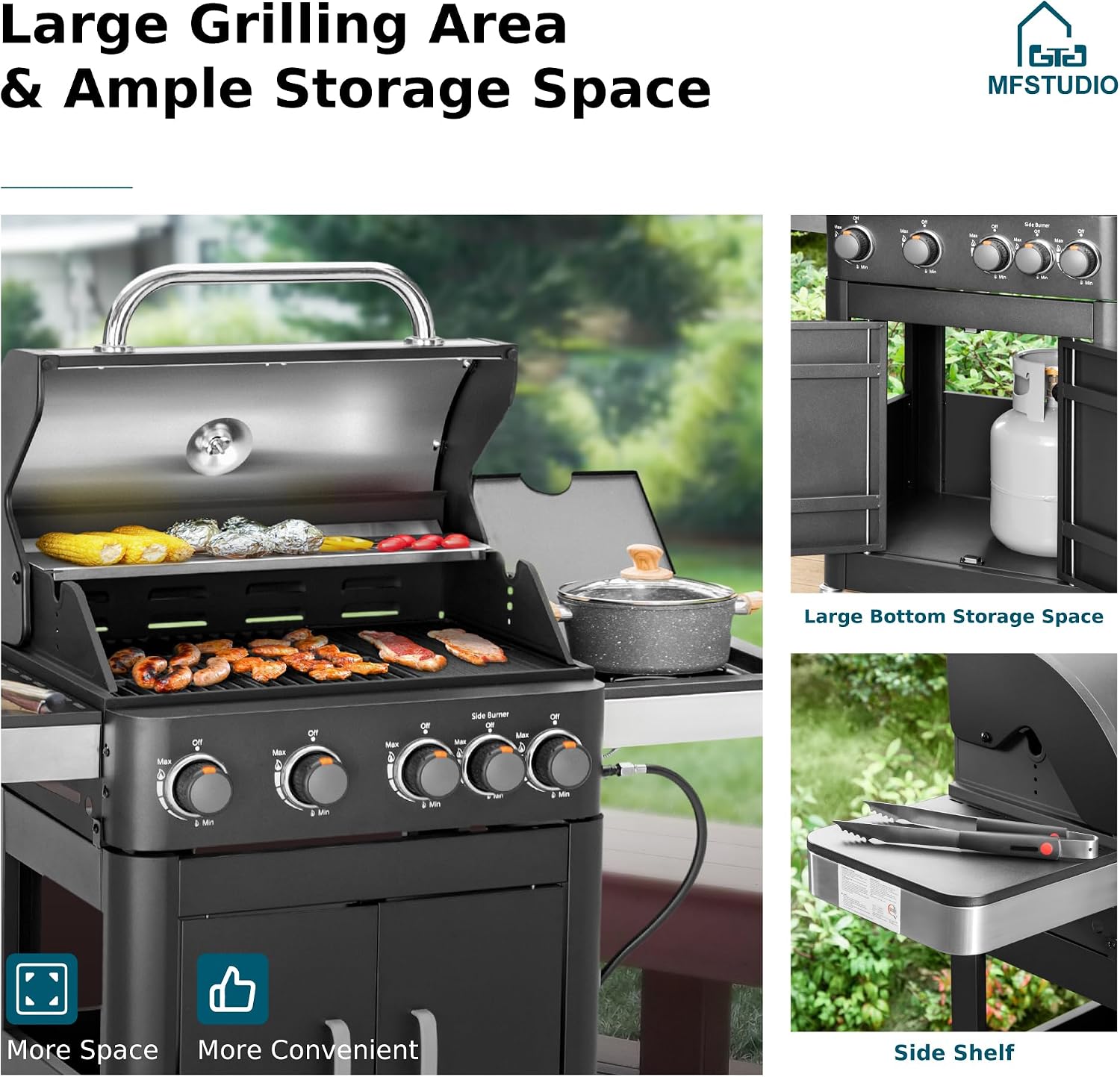 MFSTUDIO 4 Burners Propane Gas Grill and Griddle Combo with Side Burner, 2 in 1 Griddle Grill and Porcelain-Enameled Cast Iron Grates, 46,700 BTU Outdoor Cooking Barbecue Grill, Black