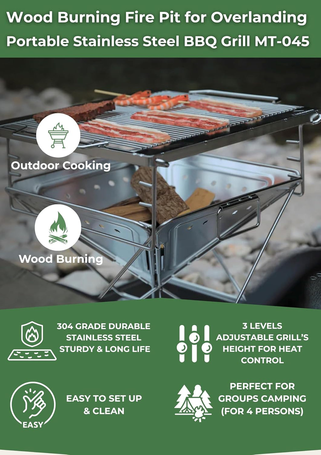 CAMPINGMOON 3 in 1 Flatpack Portable Fire Pit Grill 14 inch Foldable Stainless Steel Wood Burning Camping Stove Adjustable Height Overlanding Outdoor Cooking RV Trips Carry Bag included MT-045