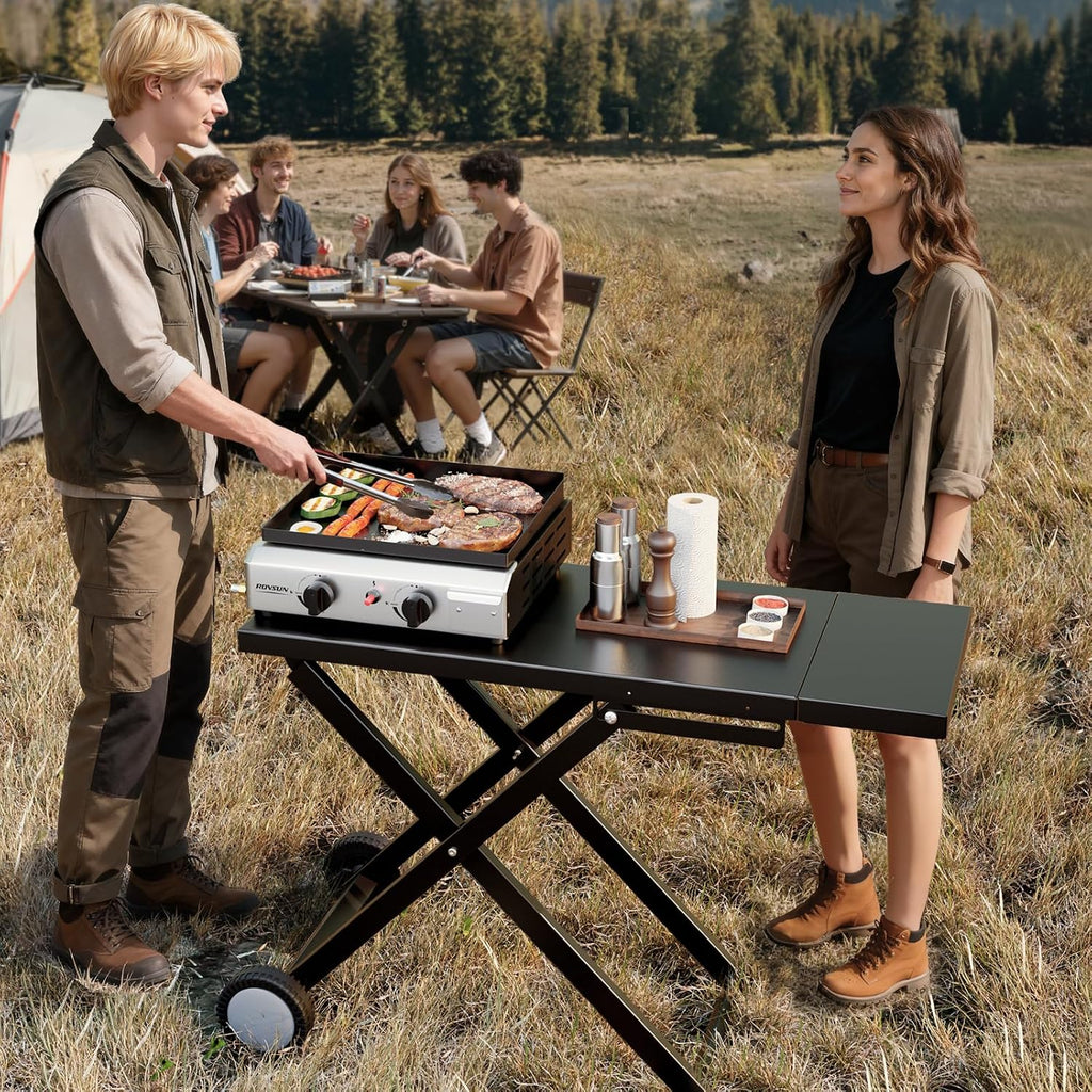 ROVSUN 2 Burner Foldable Propane Griddle with Wheels & Enameled Tray, 20000 BTU Portable Flat Top Gas Grill with Electronic Ignition & Regulator for Outdoor Cooking Camping BBQ Tailgating Picnicking