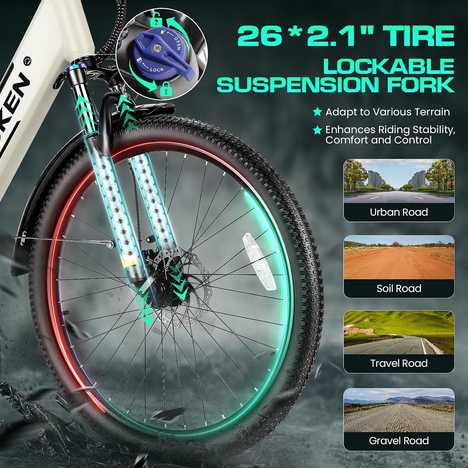 Wooken Electric Bike for Adults, 1000W Peak Ebike, 26' x 2.1' Tire Step Through Electric Bike, City Cruiser Ebike with 48V 10.4/15Ah Removable Battery, 7 Speed, SGS Certified to UL2849