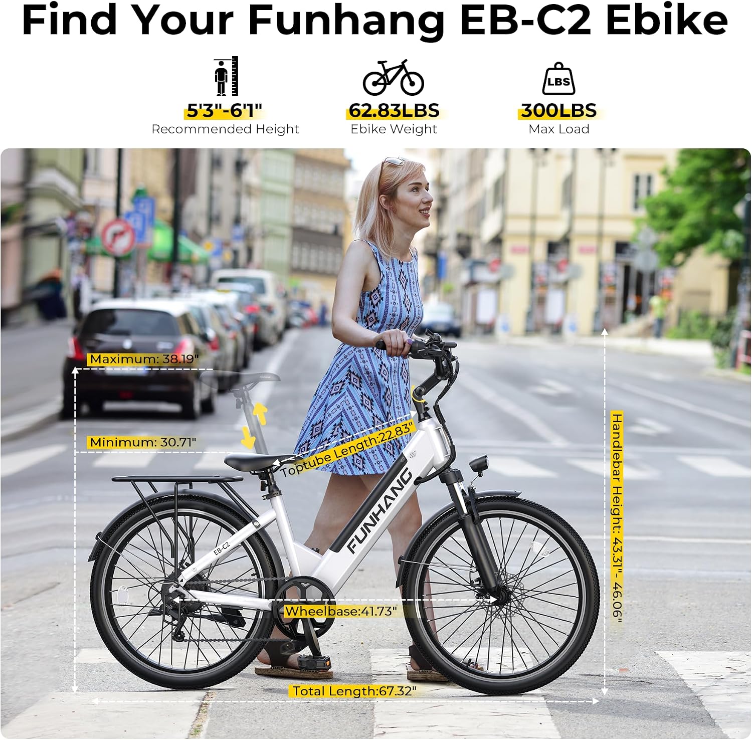 Funhang Electric Bike for Adults, 1000W Peak Ebike, 50Miles 20MPH Step Thru Electric Bicycle, 26' Commuter E Bikes with 48V Built-in Removable Battery, Adjustable Stem, 7-Speed, UL 2849 Certified
