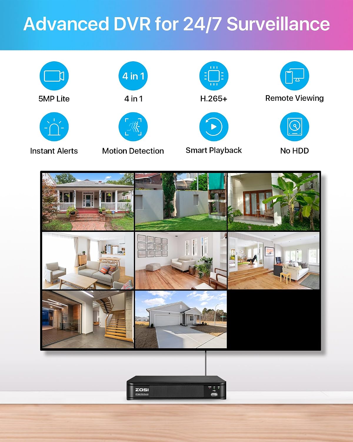 ZOSI H.265+ Full 1080p Home Security Camera System Outdoor Indoor, 5MP-Lite CCTV DVR 8 Channel and 4 x 1080p (2MP) Day Night Vision Weatherproof Surveillance Bullet Camera, Motion Alerts (No HDD)
