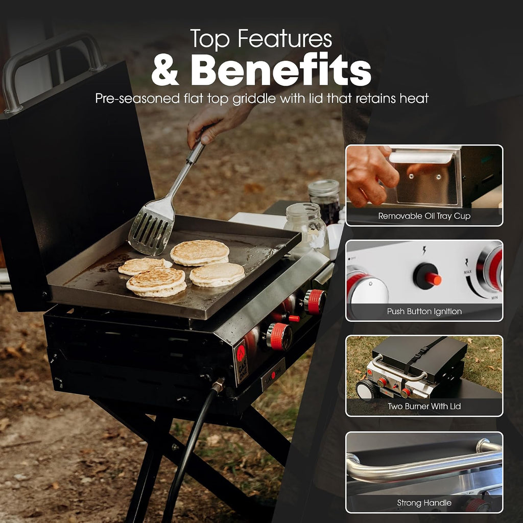 GasOne Flat Top Gas Grill with Lid – Auto Ignition Propane – Premium Stainless Steel Body Tabletop with Pre Season Griddle – Oil Drip Tray – for RV, Camping