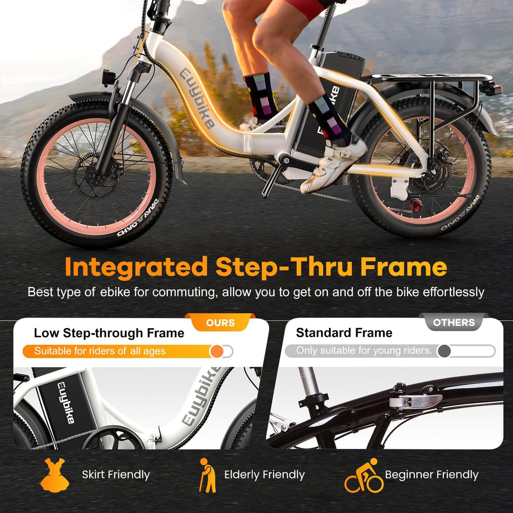 EUYBIKE Folding Electric Bike for Adults with Peak 1000W Motor, 48V 20AH Battery up to 80 Miles, 20' Fat Tire All Terrain Ebike, Front Suspension 7-Speed Commuter E Bike, Step-Thru, UL Certified
