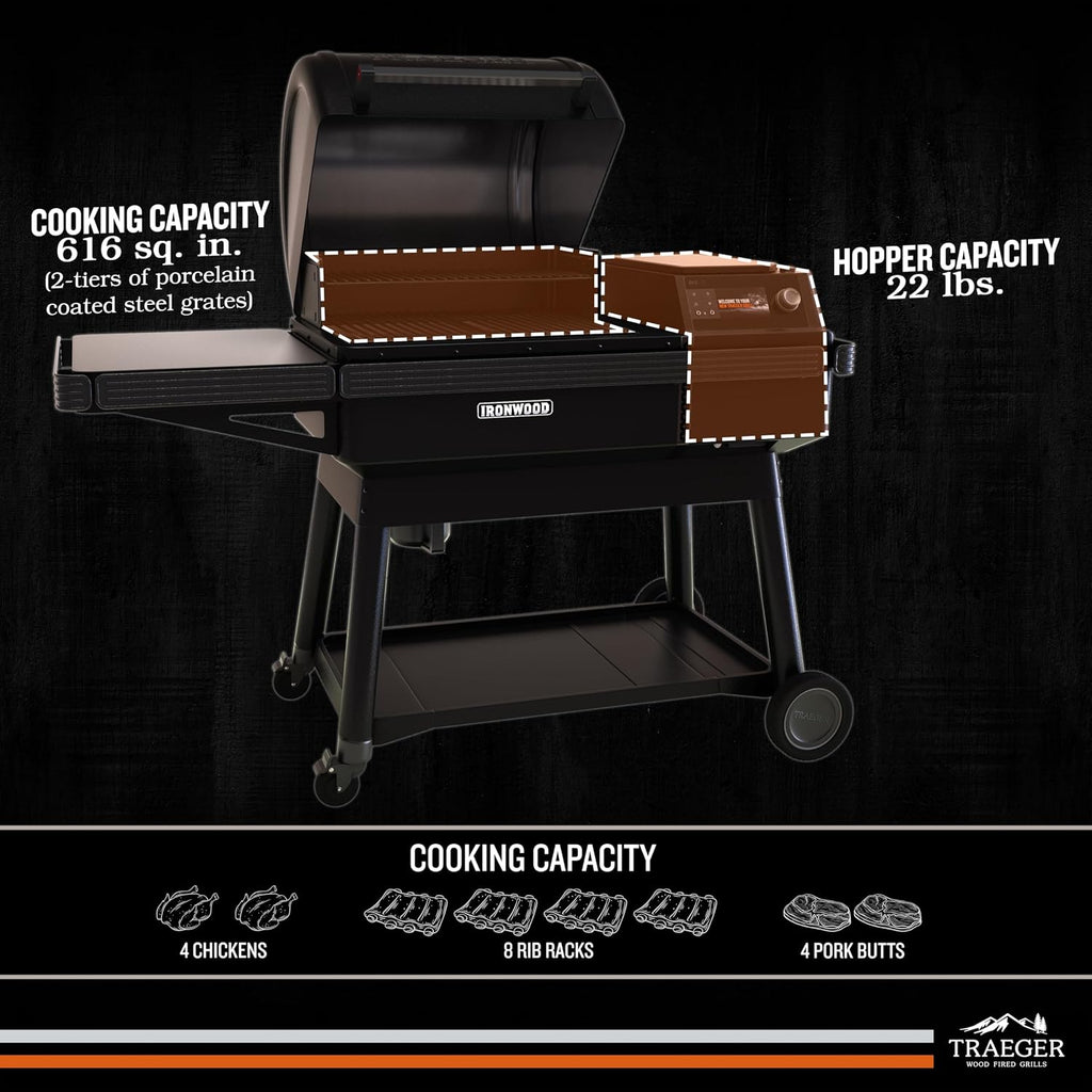 Traeger Ironwood Pellet Smoker Grill, Electric Wood Pellet Grill with WiFIRE App Control, 165F - 500F Degree Temperature Control Super Smoke Mode, 6-in-1 BBQ Smoker Grilling Combo, TFB61RLG