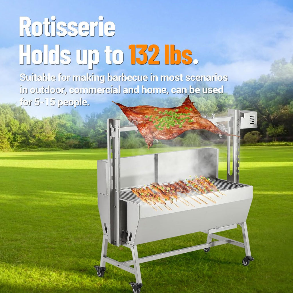 Stainless Steel Automatic Rotisserie Grill with Wind Screen, 37in 132LB Capacity Electric BBQ Pig Lamb Rotisserie Roaster 50W Motor, Charcoal Spit Roaster Grill for Outdoor Kitchen, Camping