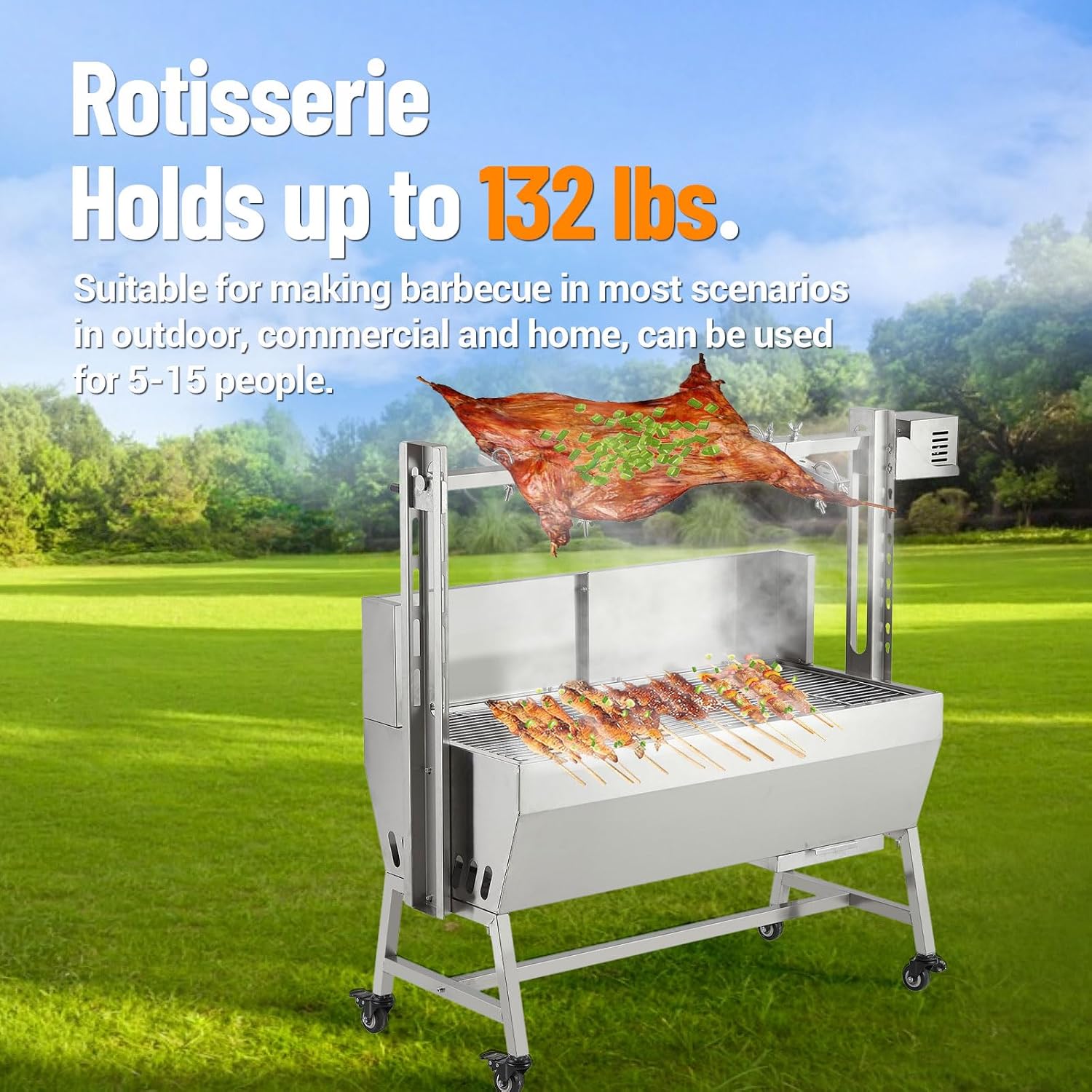 Stainless Steel Automatic Rotisserie Grill with Wind Screen, 37in 132LB Capacity Electric BBQ Pig Lamb Rotisserie Roaster 50W Motor, Charcoal Spit Roaster Grill for Outdoor Kitchen, Camping