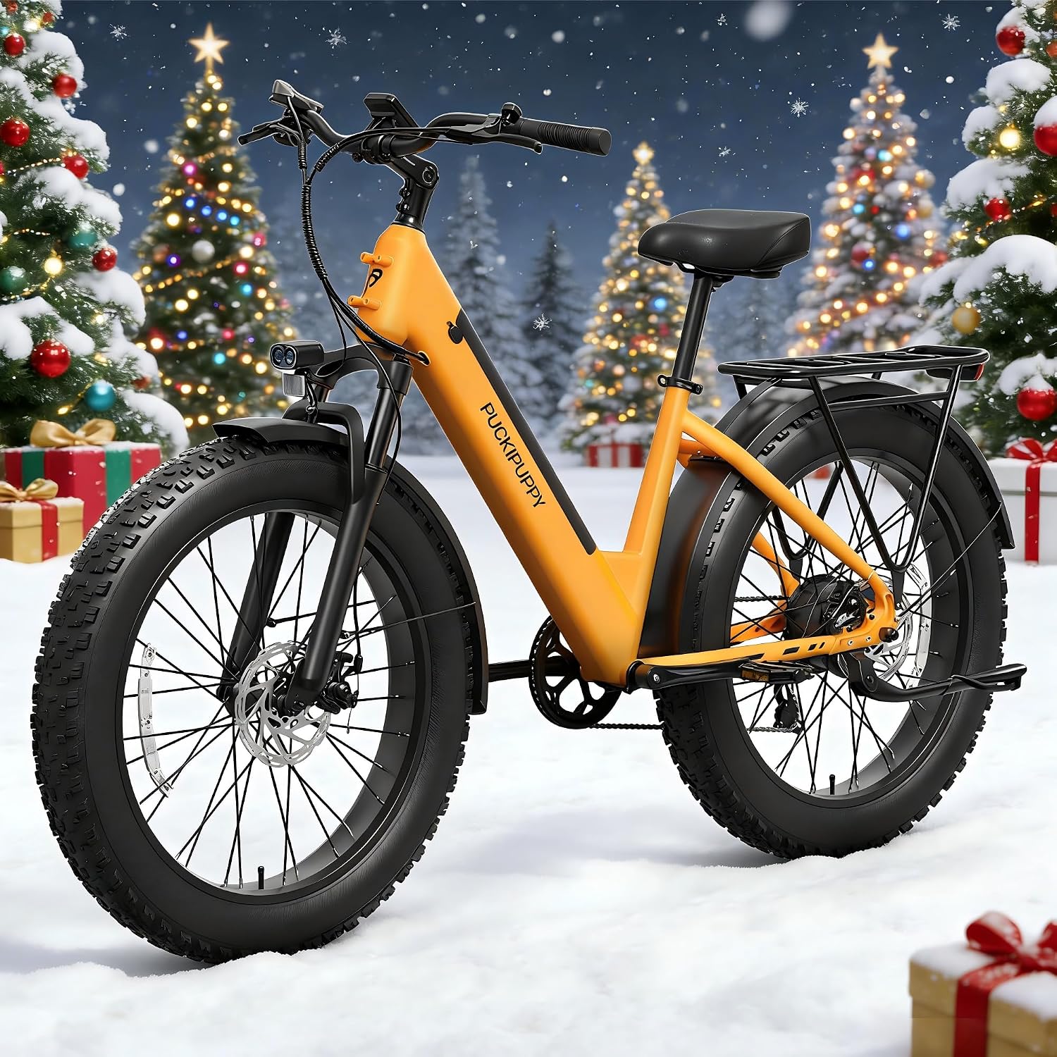 PUCKIPUPPY Electric Bike for Adults 960W Peak, 48V 15AH Removable Battery Electric Bicycle, 28MPH Commuter E-Bike, 7 Speed, Up to 60 Miles,All Terrain 26' Fat Tire Front Suspension, Samoyed