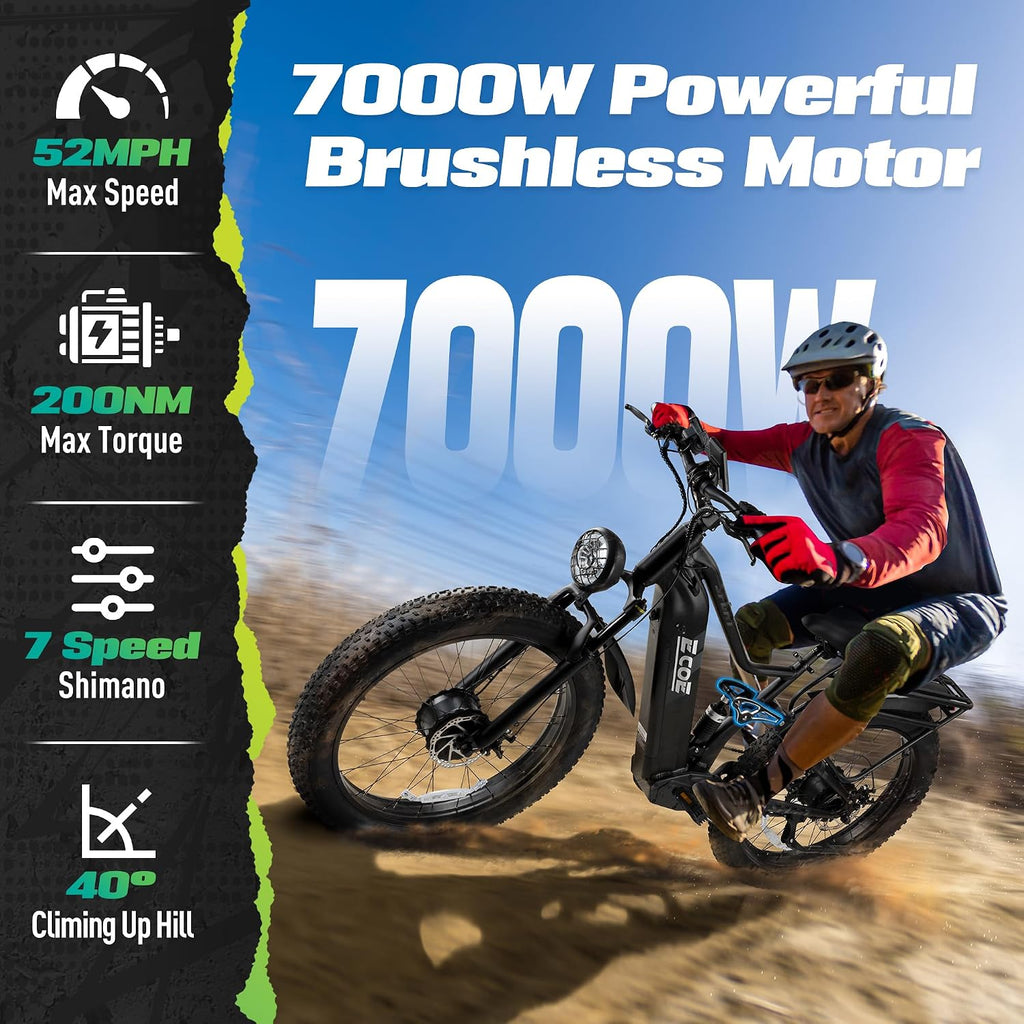 EcoE 7000/9000W Dual Motor Electric Bike for Adults 52MPH Charge Voltage 63 V32A, 26x4 Fat Tire All Terrain Ebikes, Full Suspension E Bike, SHM 7-Speed Gear Electric Bicycle