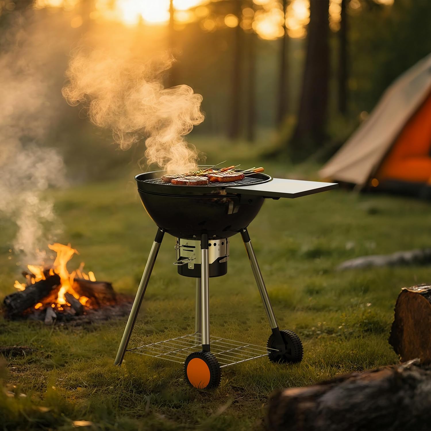 KEYO GRILL 22.5-inch Kettle Charcoal Grills, Portable Charcoal Grill with Adjustable Vents, One Click Cleaning System, Foldable Side Table Outdoor BBQ Grill for Camping, Tailgating and Backyard