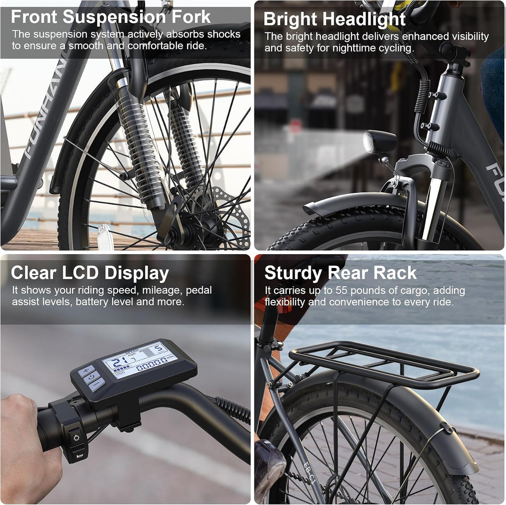 Funhang Electric Bike for Adults, 26' City Cruiser Ebike with 1000W Peak Motor, 20MPH 50 Miles Commuter Adult Electric Bicycles with 48V Battery, Adjustable Stem, 7-Speed, UL 2849 Certified