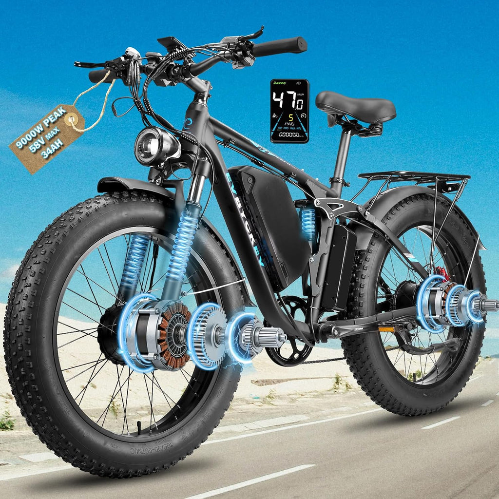 9000W Peak Dual Motor Ebike,58V Max 34Ah Adults Electric Bike,Up to105 Miles Range 47MPH Top Speed Fast Ebike,Full Suspension 24Inches Fat Tires Mountain E Bicycle for Sand Snow Beach&Off-Road