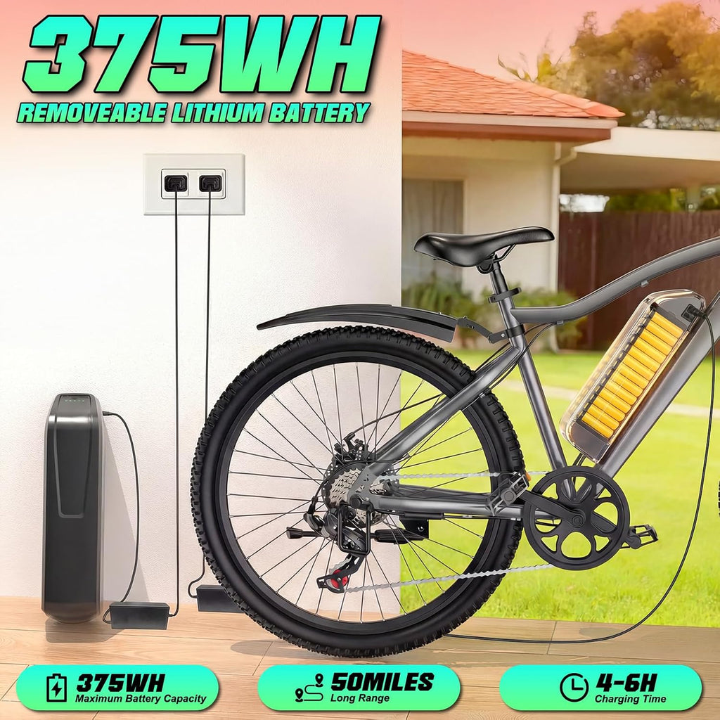 Electric Bike for Adults, 26' Commuter Ebikes with 7-Speed Gears, 25MPH Lightweight E Bike, 720W Peak Motor, 375Wh Removable Battery, 50 Miles Range, Electric Mountain Bicycle for All Terrain