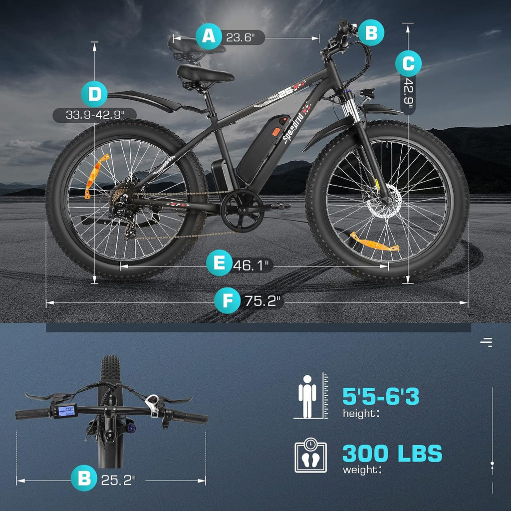 Electric Bike 26' Fat Tire Electric Bike for Adult, 20mph Peak 750W 48V 10.4/ 13Ah Removable Battery Electric Mountain Bike, Commuting Off Road Ebike 7 Speed & Front Suspension Fast Charge