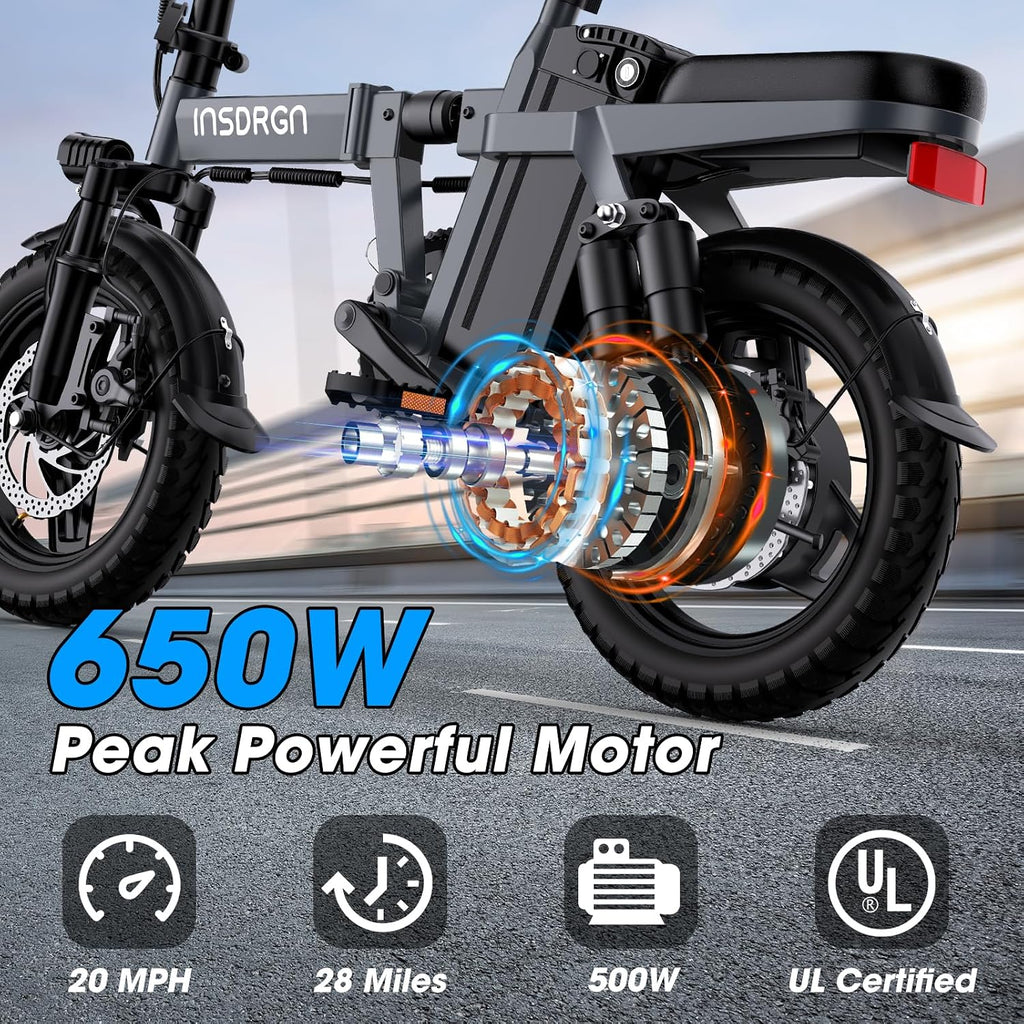 INSDRGN Electric Bike for Adults and Teens,14' Folding Adult E Bike with 650W Peak Motor,20MPH,28Miles Range,Advanced 9-Point Suspension & Dual Disc Brake,Removable Battery,UL 2849 Certified