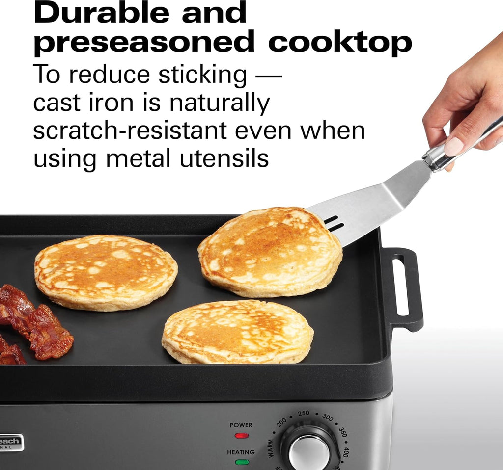 Hamilton Beach Professional Cast Iron Indoor Electric Grill & Griddle, 10' x 16' Preseasoned Cooking Surface, Adjustable Temperature up to 450° F, Black (38560)
