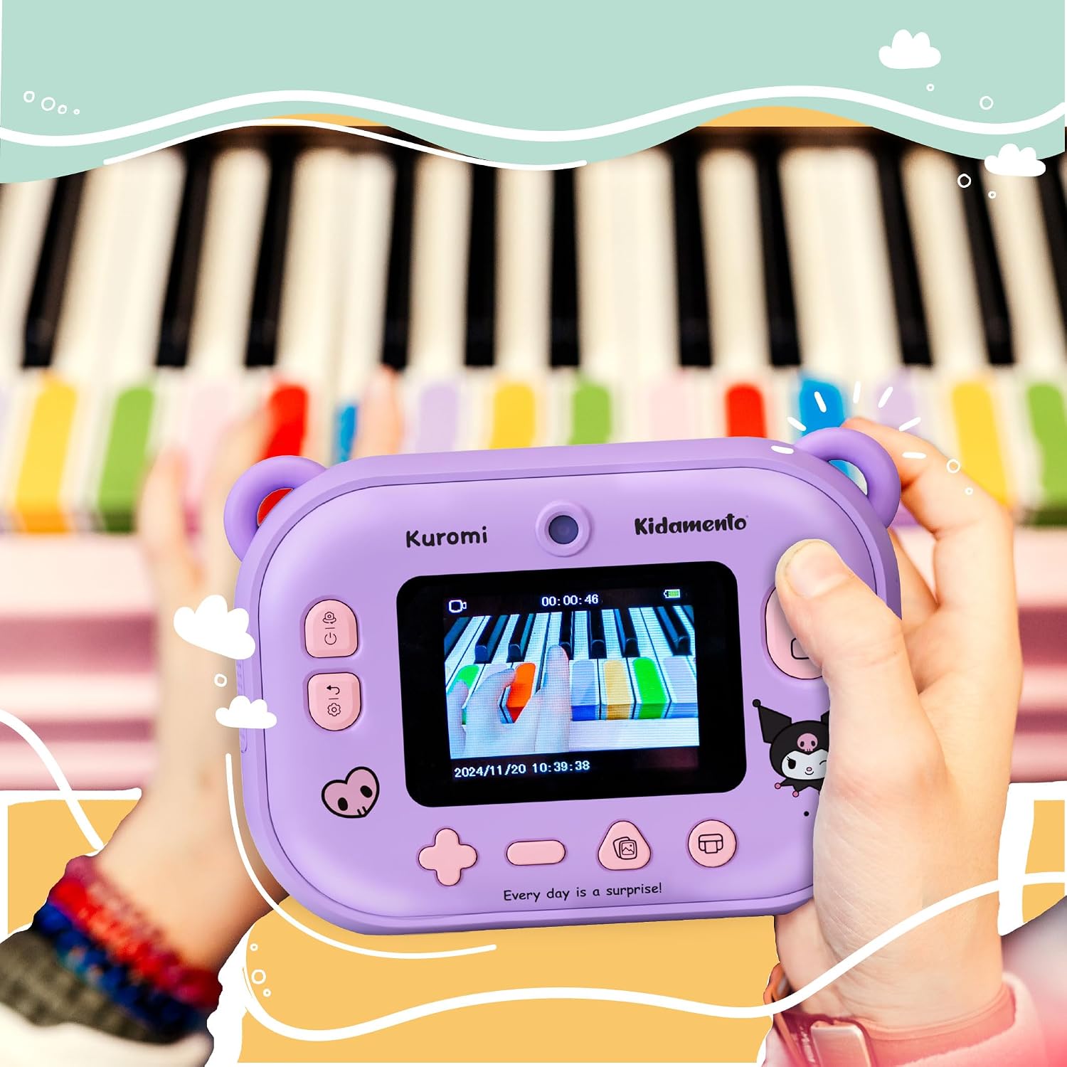 Kuromi Official Licensed Instant Print Digital Camera, 2.4' HD Screen, Ink-Free B&W Printing, Selfie Lens, 1080p Video, 32GB Memory Card (Model P) by kiimento
