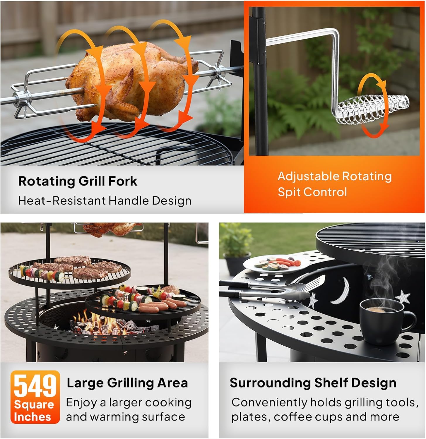 ROVSUN Upgrated 33'' Outdoor Fire Pit with 2 Grills, Grill with Side Shelves, Wood Burning Round Firepit with Swivel Cooking Grate, Removable Swivel Grill for Backyard, Patio, Picnic, BBQ and Parties