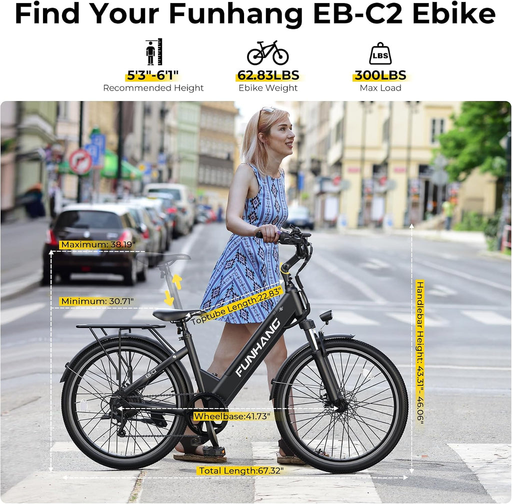 Funhang Electric Bike for Adults, 1000W Peak Ebike, 50Miles 20MPH Step Thru Electric Bicycle, 26' Commuter E Bikes with 48V Built-in Removable Battery, Adjustable Stem, 7-Speed, UL 2849 Certified