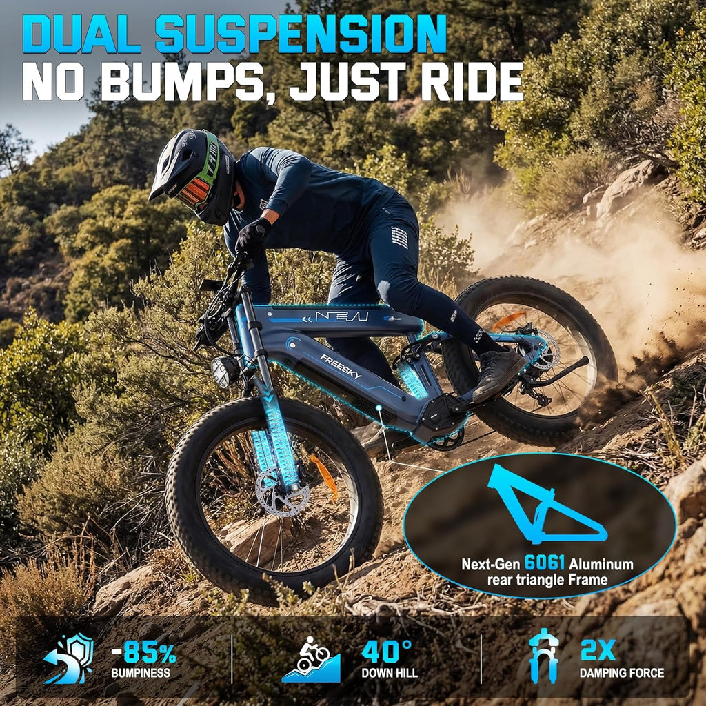 FREESKY Dual Battery Electric Bike for Adults, 48V 45AH 200 Miles Long Range E Bike, 4000W Motor 40MPH+, 26' Fat Tire Fast Mountain EBike, Full Suspension & Hydraulic Brakes, UL 2849 Certified by TÜV