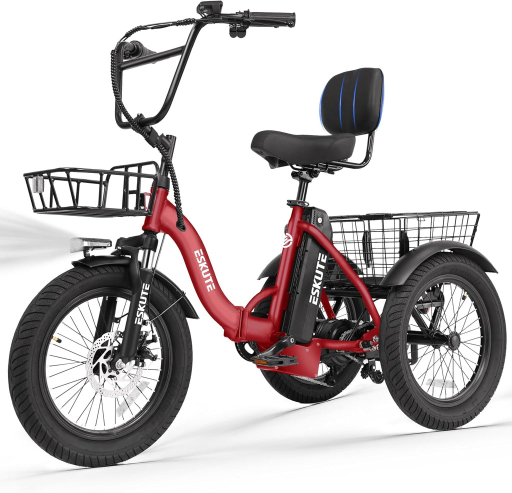 ESKUTE E Trike Electric Bike, Peak 1200W Brushless Motor Folding Trike 18X3.0 Fat Tire Ebike, 624Wh Removable Battery, Step-Thru 3 Wheel Electric Bicycle, Up to 55 Miles, 18MPH+ Tricycle for Adults