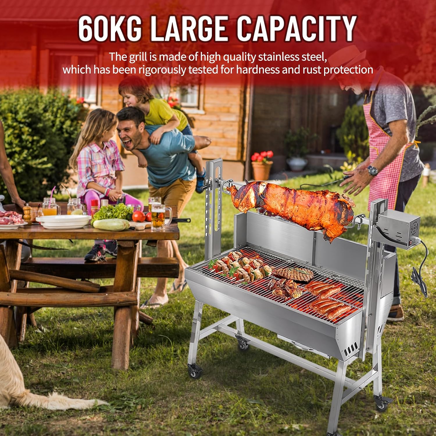 37' Electric Rotisserie Grill, Pig Lamb Spit Roaster Stand Rotisserie 132 Lbs Capacity With Adjustable Height, BBQ Charcoal Rotisserie Grill Kit Stainless Steel For Outdoor Party Camping