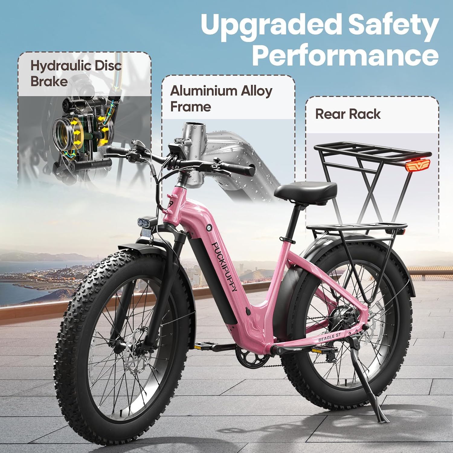 PUCKIPUPPY Electric Bike for Adults 960W, 26' Fat Tire, Step-Through Design Electric Mountain Hunting Bike, 48V 15AH Max 28MPH Off-Road Ebike with Rear Storage Shelf