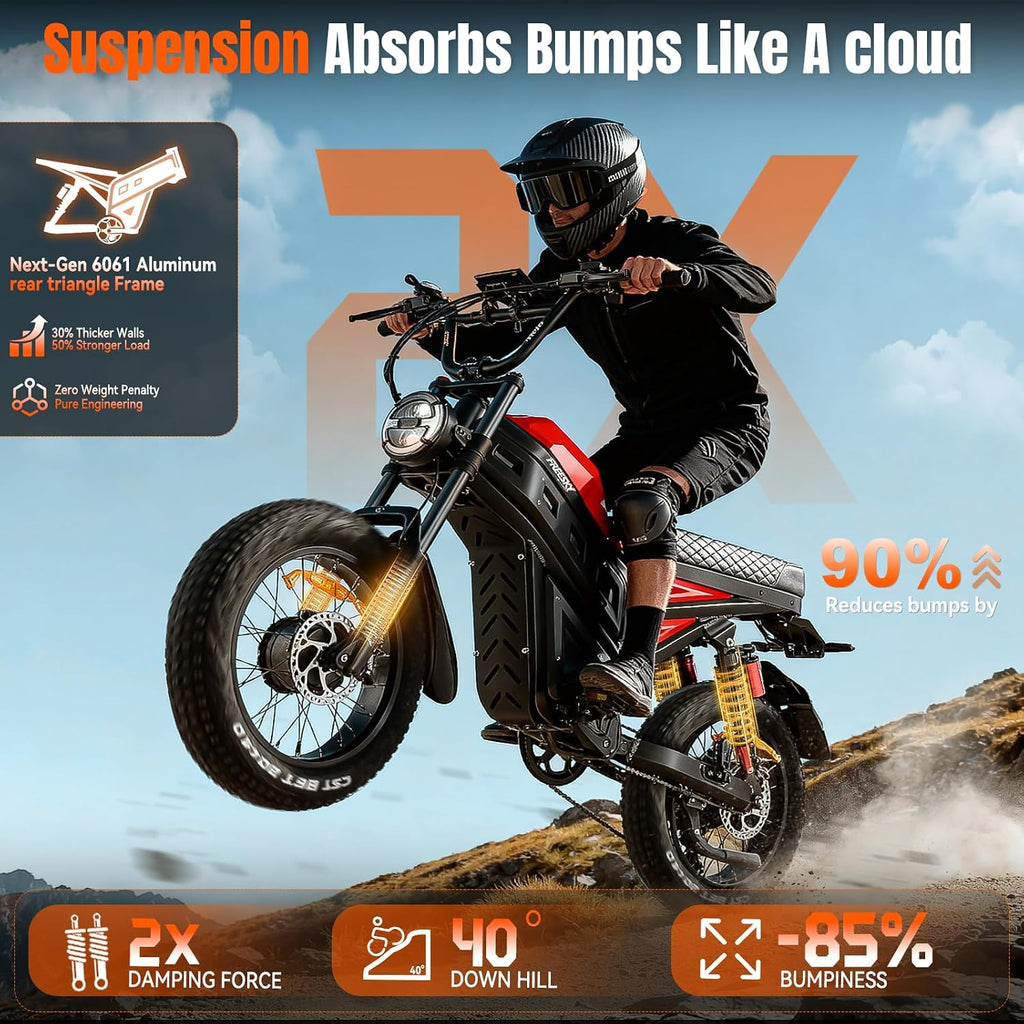 FREESKY 4000W Dual Motor Electric Dirt Bike for Adult,2880WH 60AH Battery Up to 40MPH & 200Mile Long Range Moped Ebike,20' Fat Tires All Terrain Mountain E bike,Full Suspension AWD Electric Motorcycle