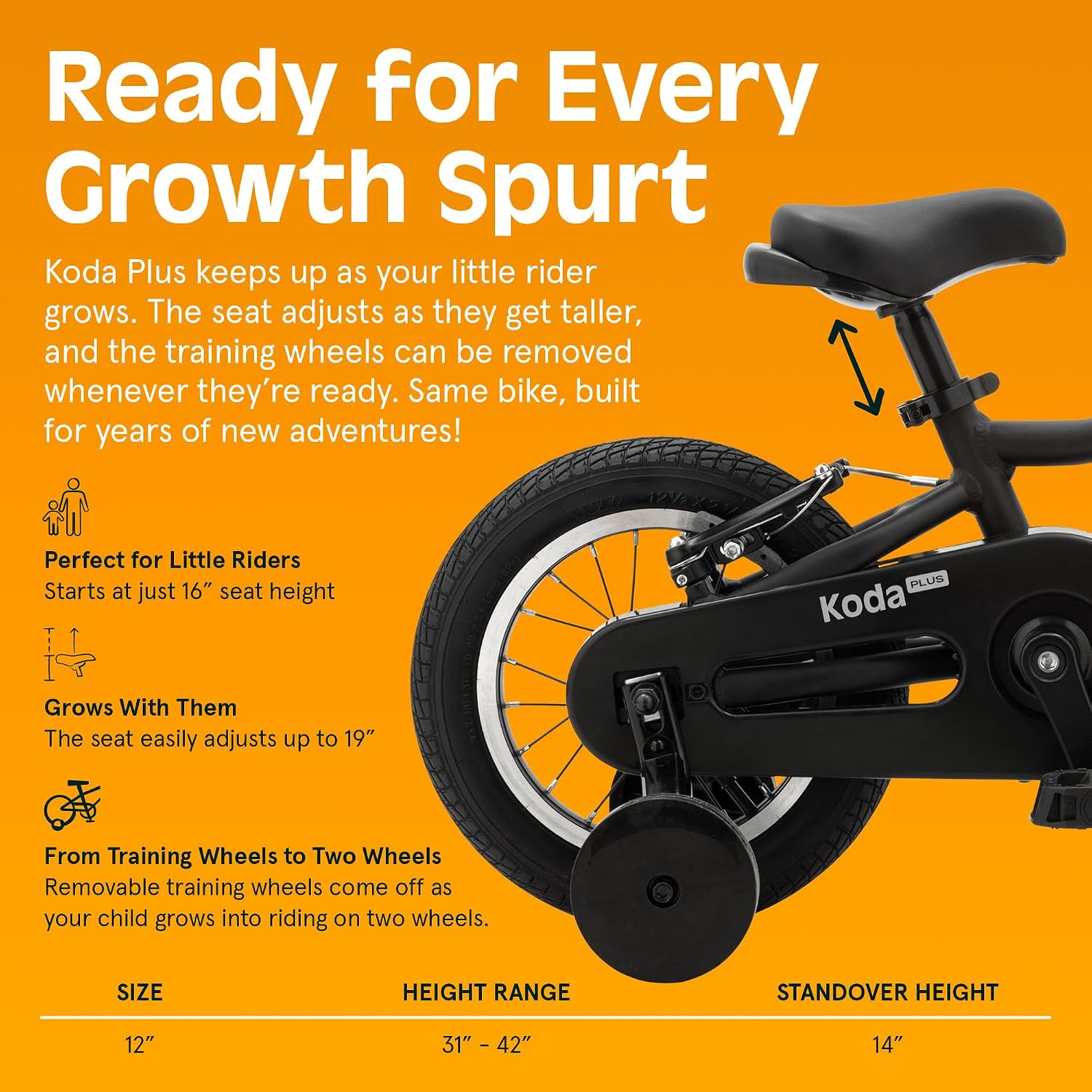 Retrospec Koda Plus Kids Bike for Boys & Girls Ages 2-3 Years - Children's Bicycle, Adjustable Seat & Handlebars, Removable Training Wheels, Front Hand Brakes, Rear Coaster Brake & Safety Bell