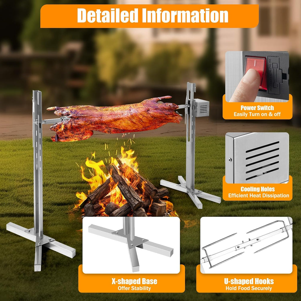 53' Electric BBQ Rotisserie Grill Kit, 88LBS Capacity Pig Roaster with Motor, 110V 25W Automatic Barbeque Rack for Wilderness and Camping, Adjustable Height, 360 Degree Rotation