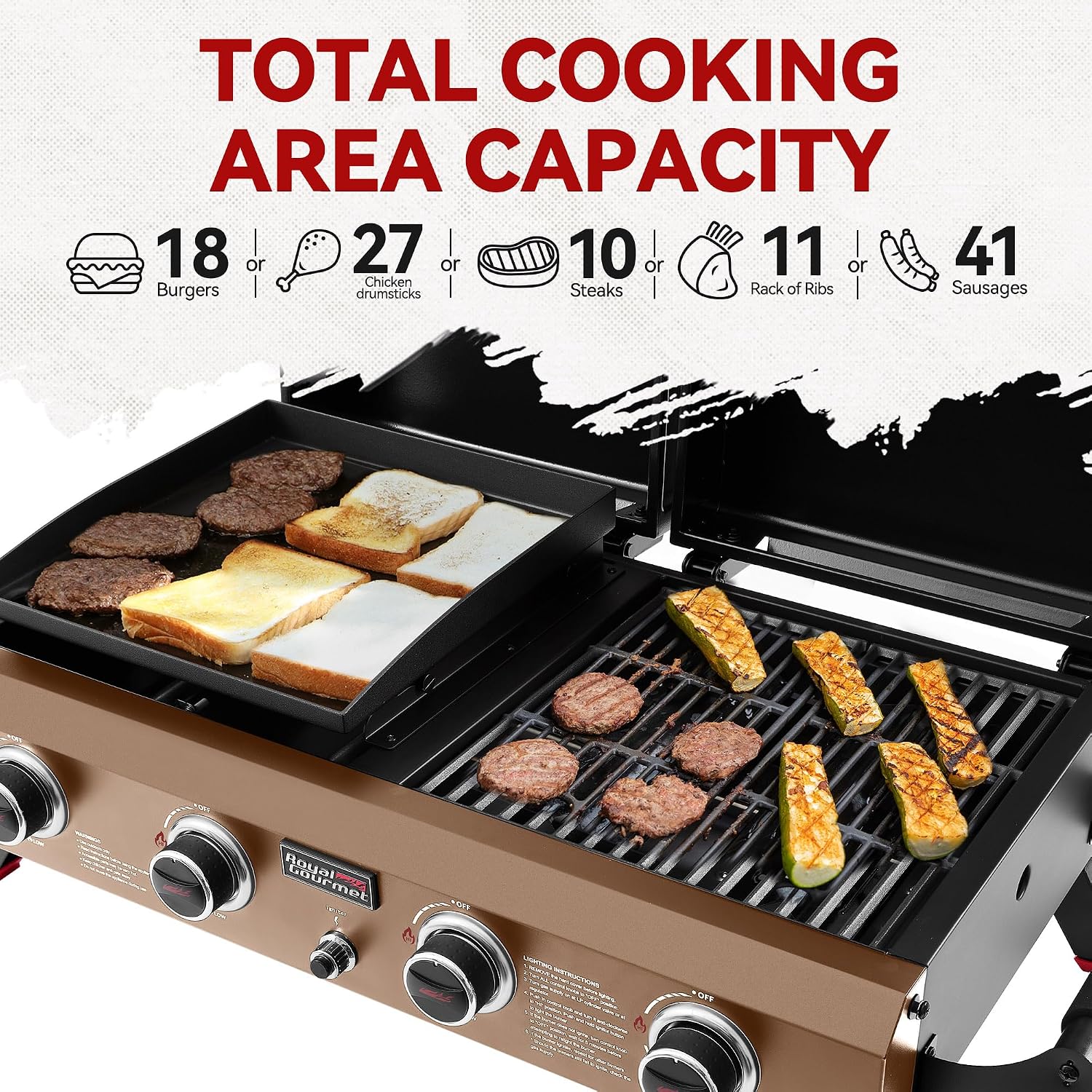 GD4002TPY Portable Tabletop Grill & Griddle Combo with Hood, 4-Burner Portable Propane Gas Grill Griddle Combo for Backyard, Camping, Picnicking and Tailgating, 40,000 BTU, Bronze Gold