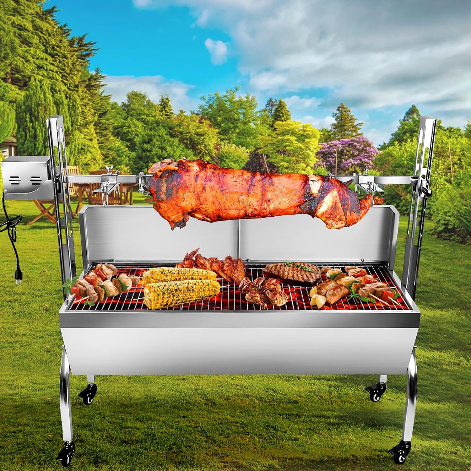 48.6' Electric Rotisserie Grill, Pig Lamb Spit Roaster Stand - 176 Lbs Capacity, Adjustable Height, BBQ Charcoal Rotisserie Grill Kit - Stainless Steel For Outdoor Party Camping