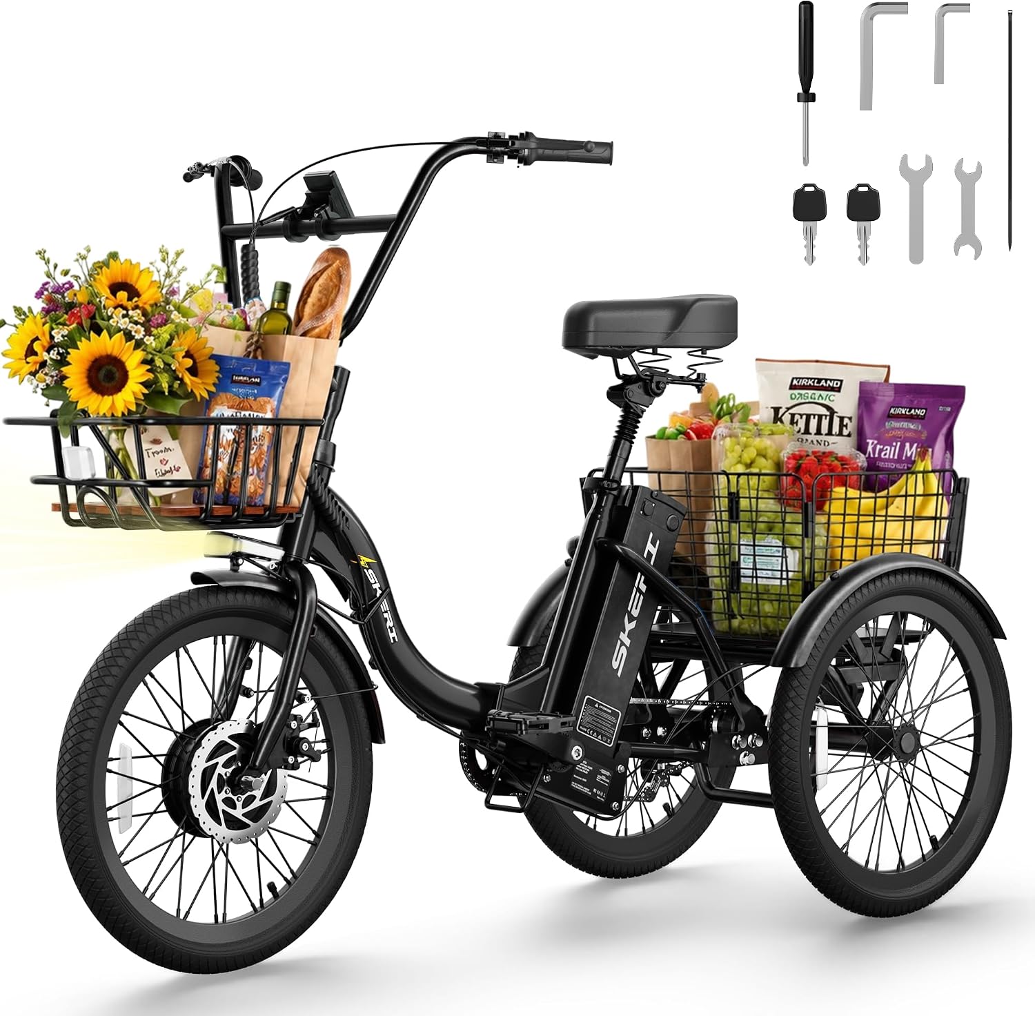 Skeri Electric Trike, Peak 1000W Electric Tricycle for Adults, 20' Folding 3-Wheel Electric Bike, Step-Thru E Trike with 624WH Removable Battery and Large Basket, Black