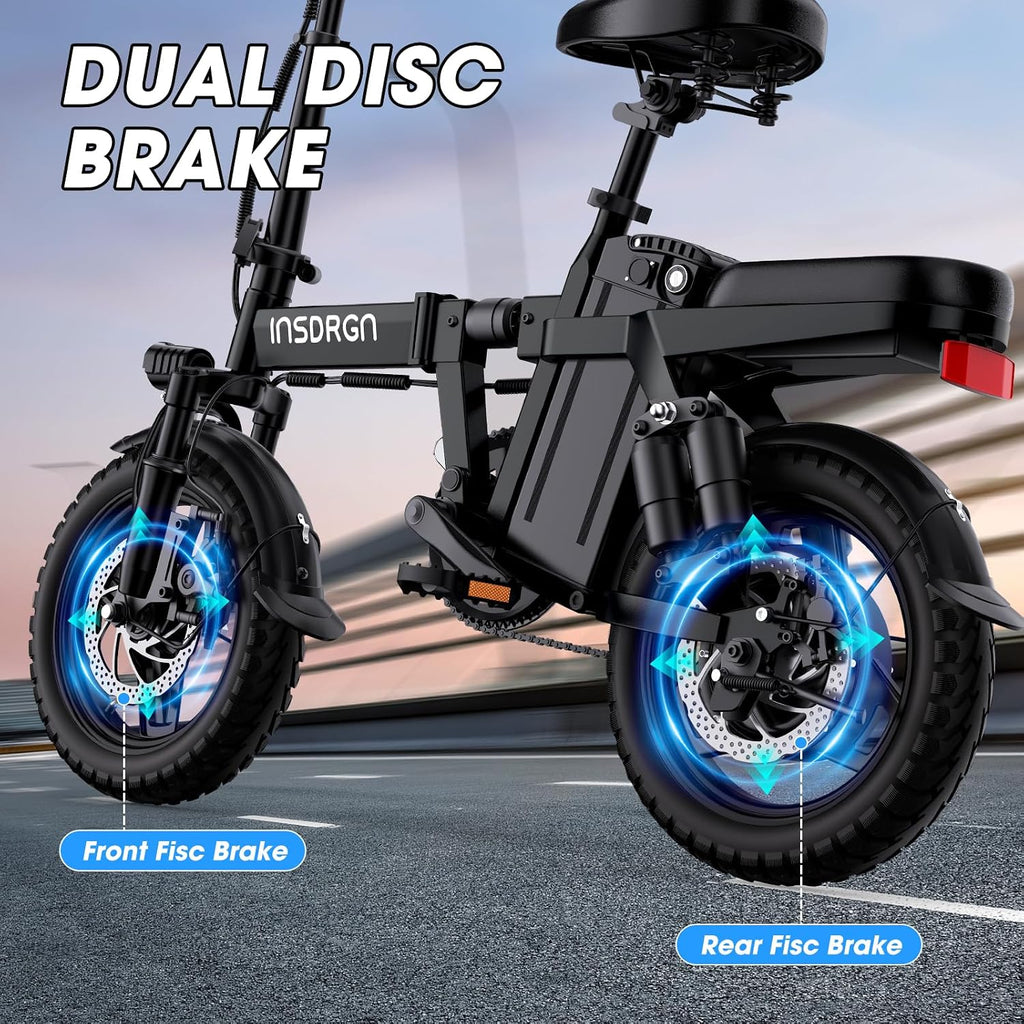 INSDRGN Electric Bike for Adults and Teens,14' Folding Adult E Bike with 650W Peak Motor,20MPH,28Miles Range,Advanced 9-Point Suspension & Dual Disc Brake,Removable Battery,UL 2849 Certified
