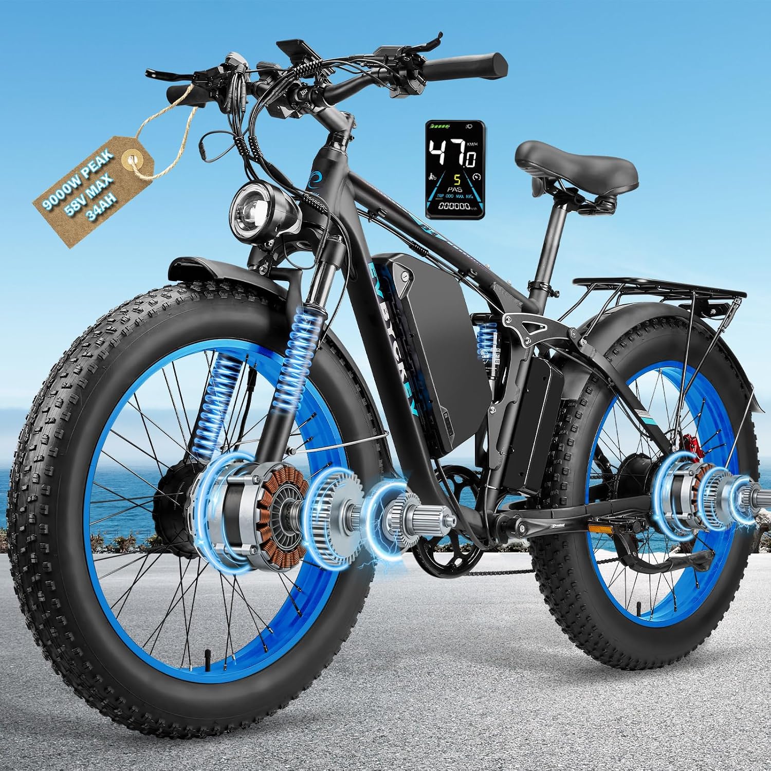 9000W Peak Dual Motor Ebike,58V Max 34Ah Adults Electric Bike,Up to105 Miles Range 47MPH Top Speed Fast Ebike,Full Suspension 24Inches Fat Tires Mountain E Bicycle for Sand Snow Beach&Off-Road