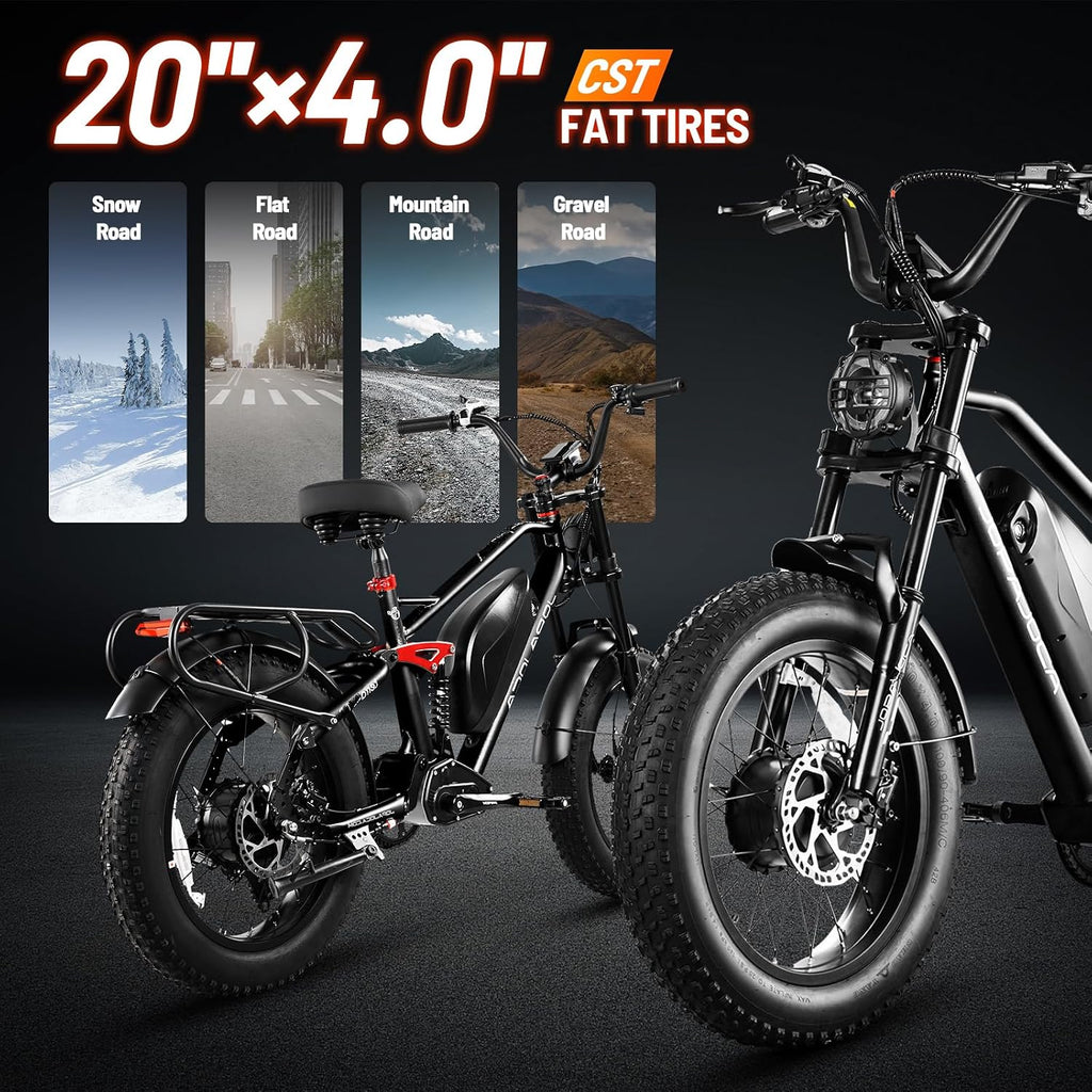 eAhora Terra/Luna 2 Dual Motor 33-31Mph Electric Bike for Adults 3000W/1500W Ebike with Removable 48V 20Ah/15Ah Battery 20'' * 4.0 Fat Tire All Terrain Ebikes, SHM 7-Speed Gear Electric Bicycle