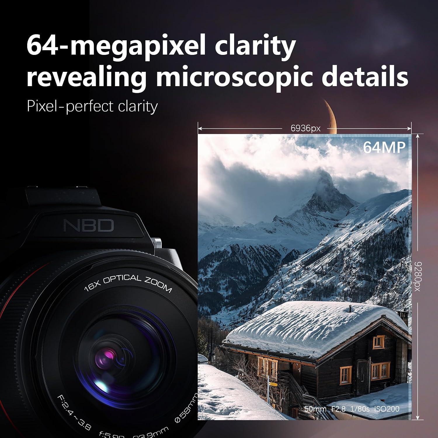8K & 64MP Professional Cameras for Photography, 48X Zoom (16X Optical + 3X Digital) with Moon Mode, 180° Flip Screen, WiFi, Micro HDMI, 64GB Card & 2 Batteries, Digital Camera for YouTube