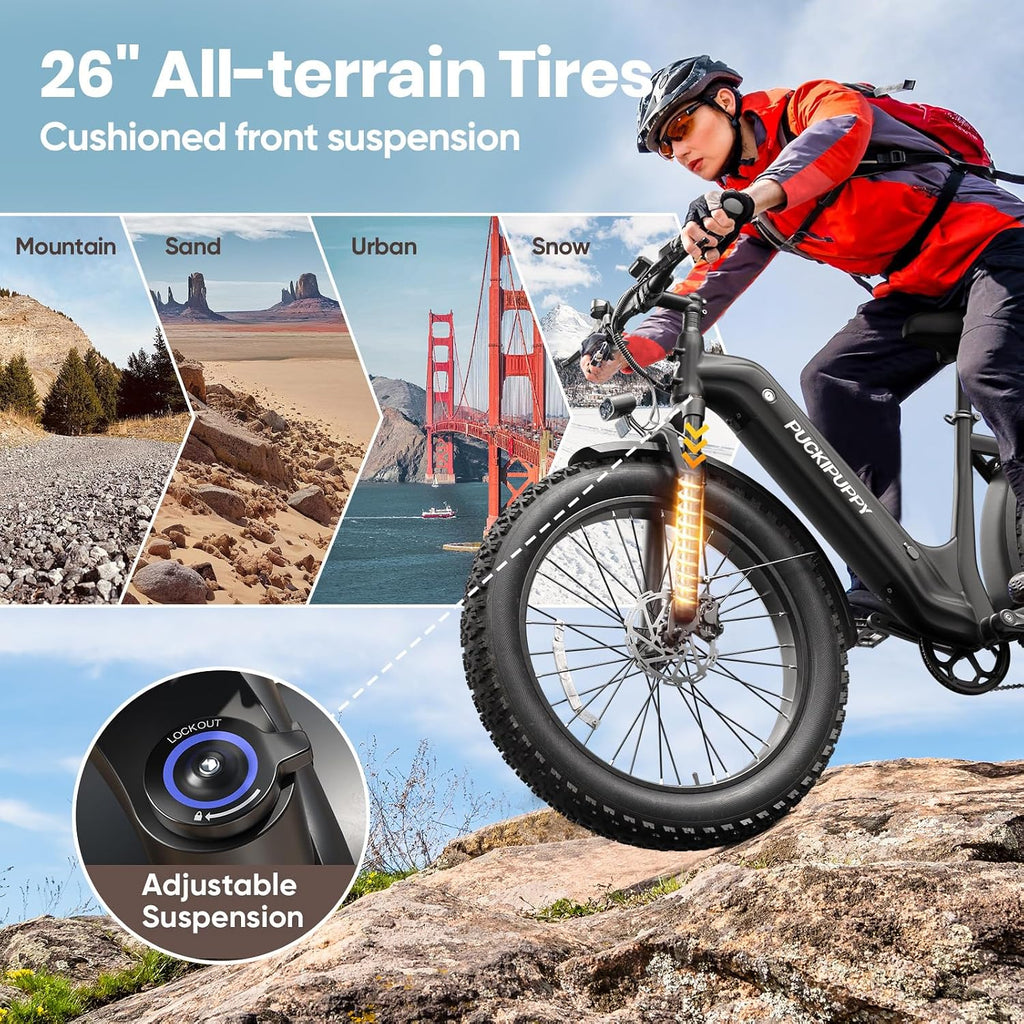 PUCKIPUPPY Electric Bike for Adults 960W, 26' Fat Tire, Step-Through Design Electric Mountain Hunting Bike, 48V 15AH Max 28MPH Off-Road Ebike with Rear Storage Shelf