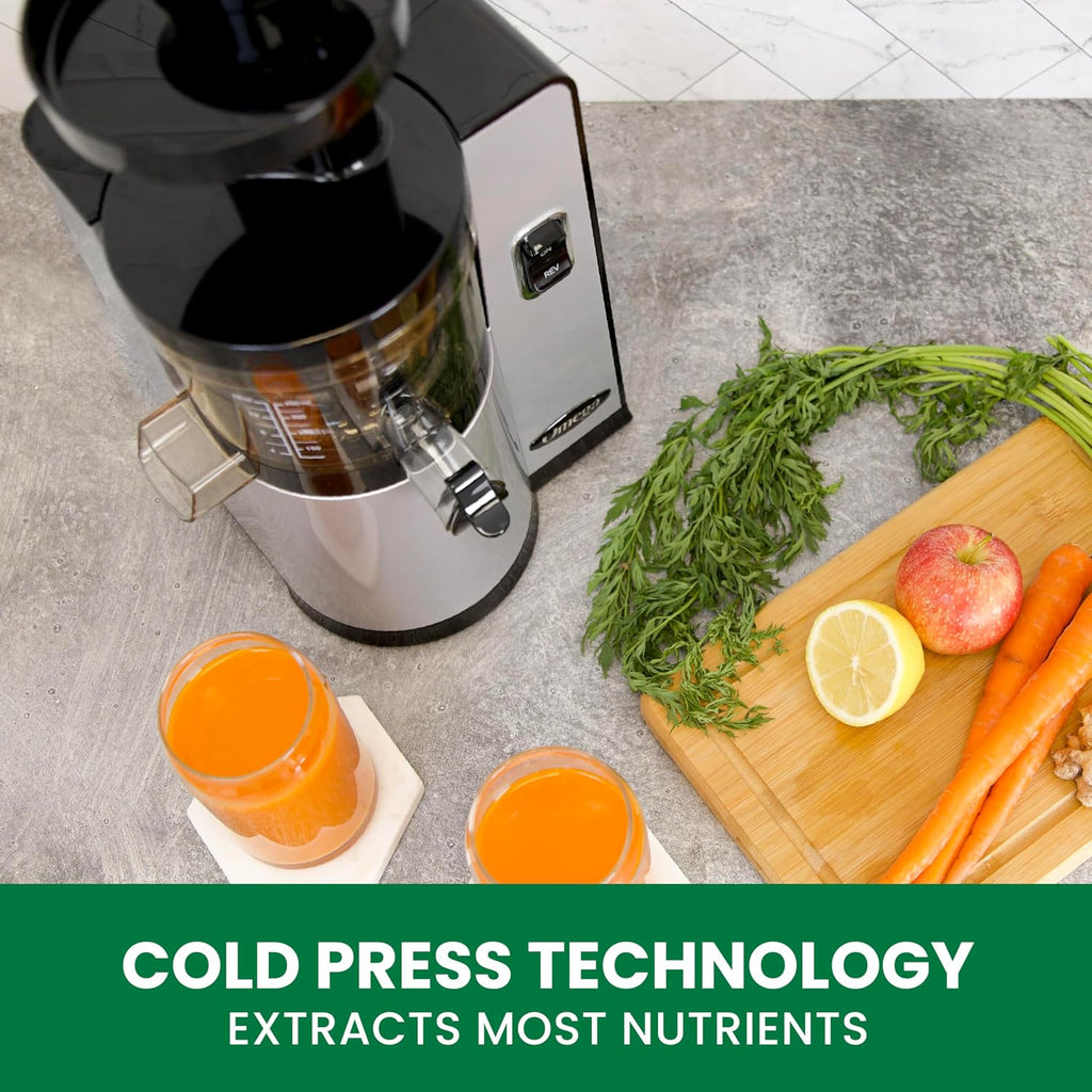 Omega Juicer Cold Press Vertical 43 RPM Slow Masticating Compact Juice Extractor for Fruits and Vegetables Quiet Operation with 3 Stage Auger Automatic Pulp Ejection and No-Drip Tap, 150-Watts, Silver