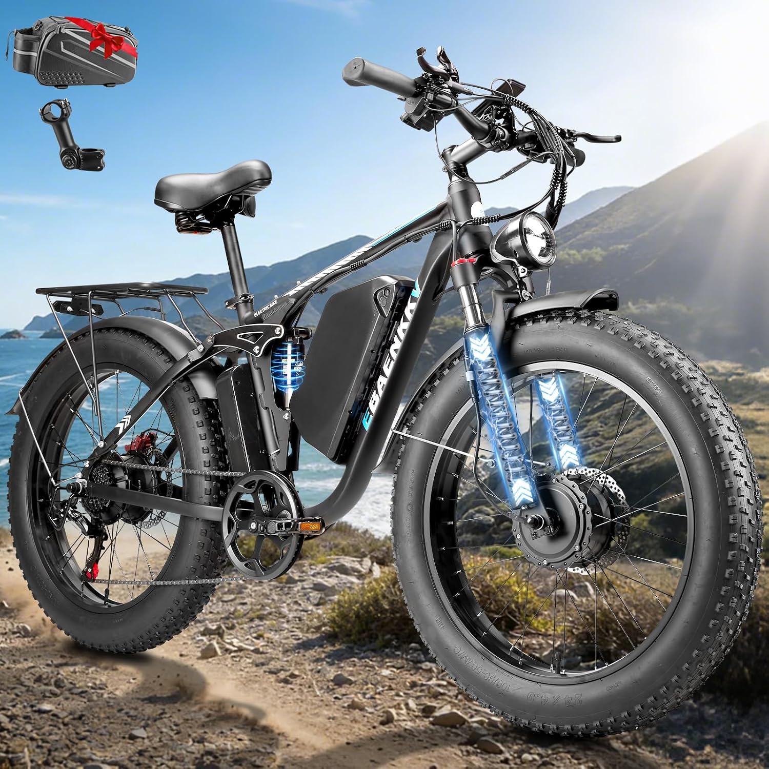 Dual Motor Ebike for Adults, Peak 9000W 52V 34AH Battery, 46MPH Fast Electric Bike for Adults, Up to 105Miles, Hydraulic Disc Brake, Full Suspension, 24' Electric Bicycle for Snow All Terrain
