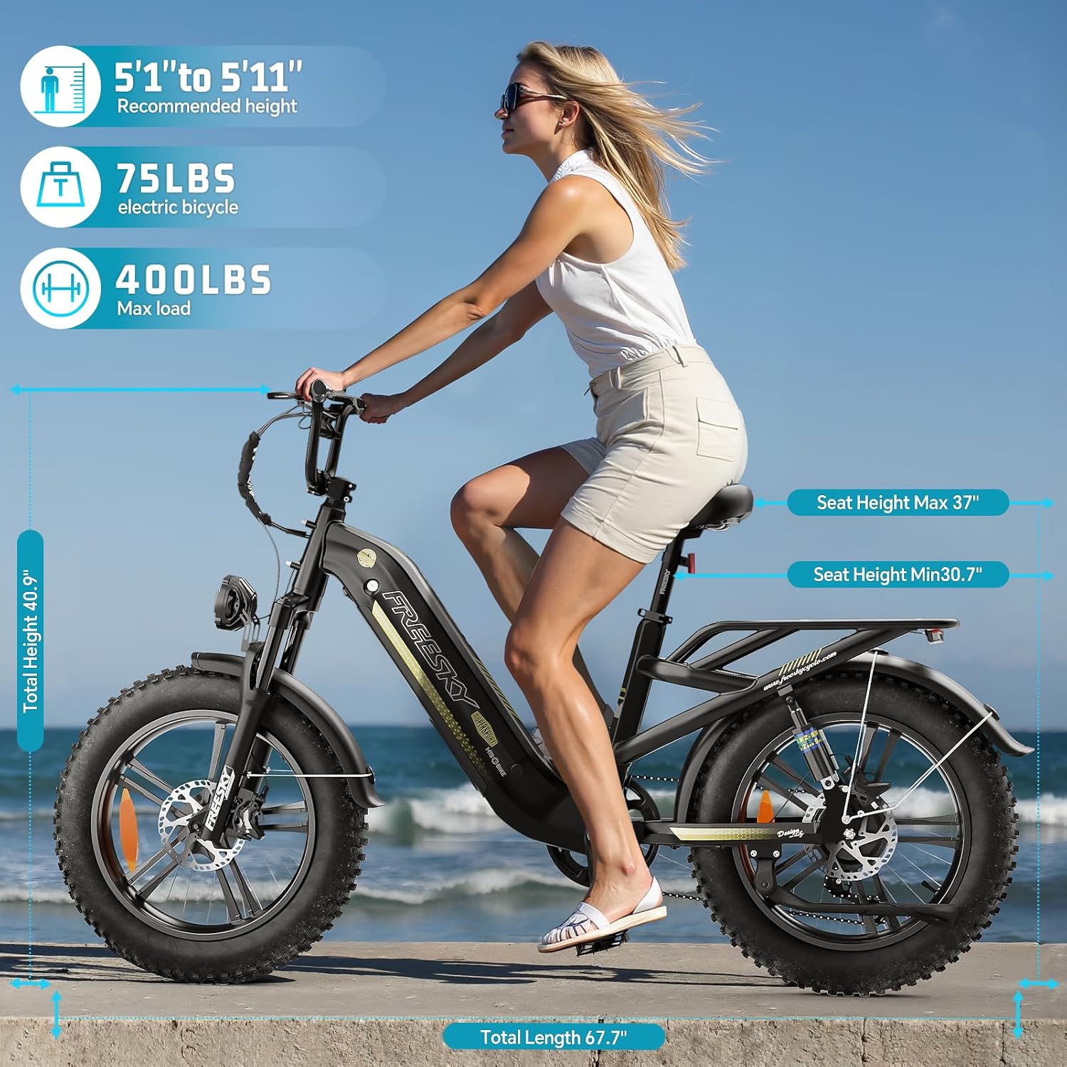 FREESKY 2026 Upgraded Rocky Pro Torque Sensor Electric Bike for Adults, 48V 25Ah Samsung Cells Battery, 105 Miles Range, 33MPH Fat Tire Step-Thru E Bike, 20' Full Suspension Cargo Bicycles, 8-Speeds