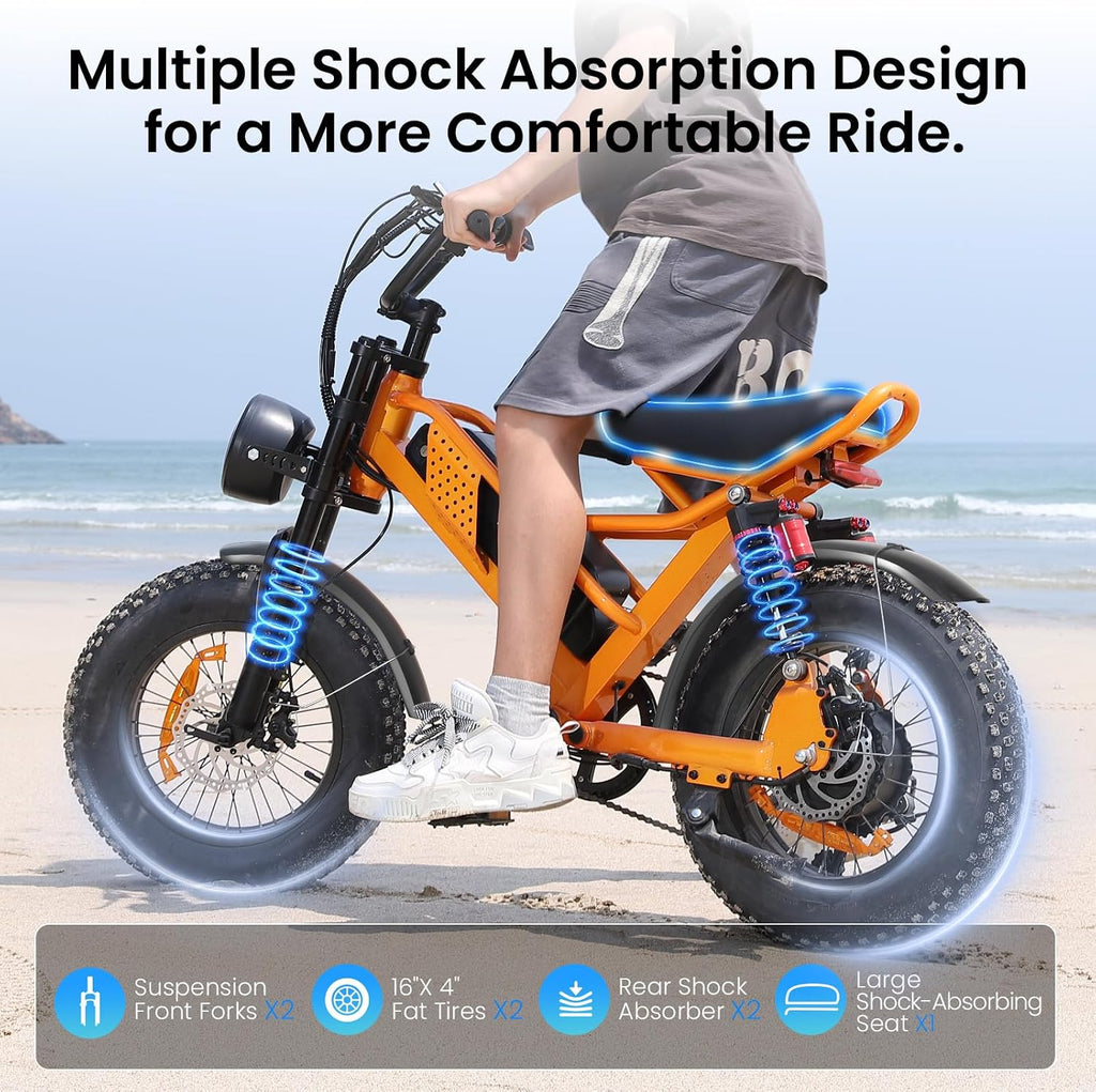 Spacewalk Electric Bike M6 / M7 for Teens/Adults,16' / 20' Ebike,1500W Peak Motor,21.7mph / 27.9mph,48V 15Ah Removable Battery,4X Suspension,50 Miles Pure Electric,70 Miles PAS