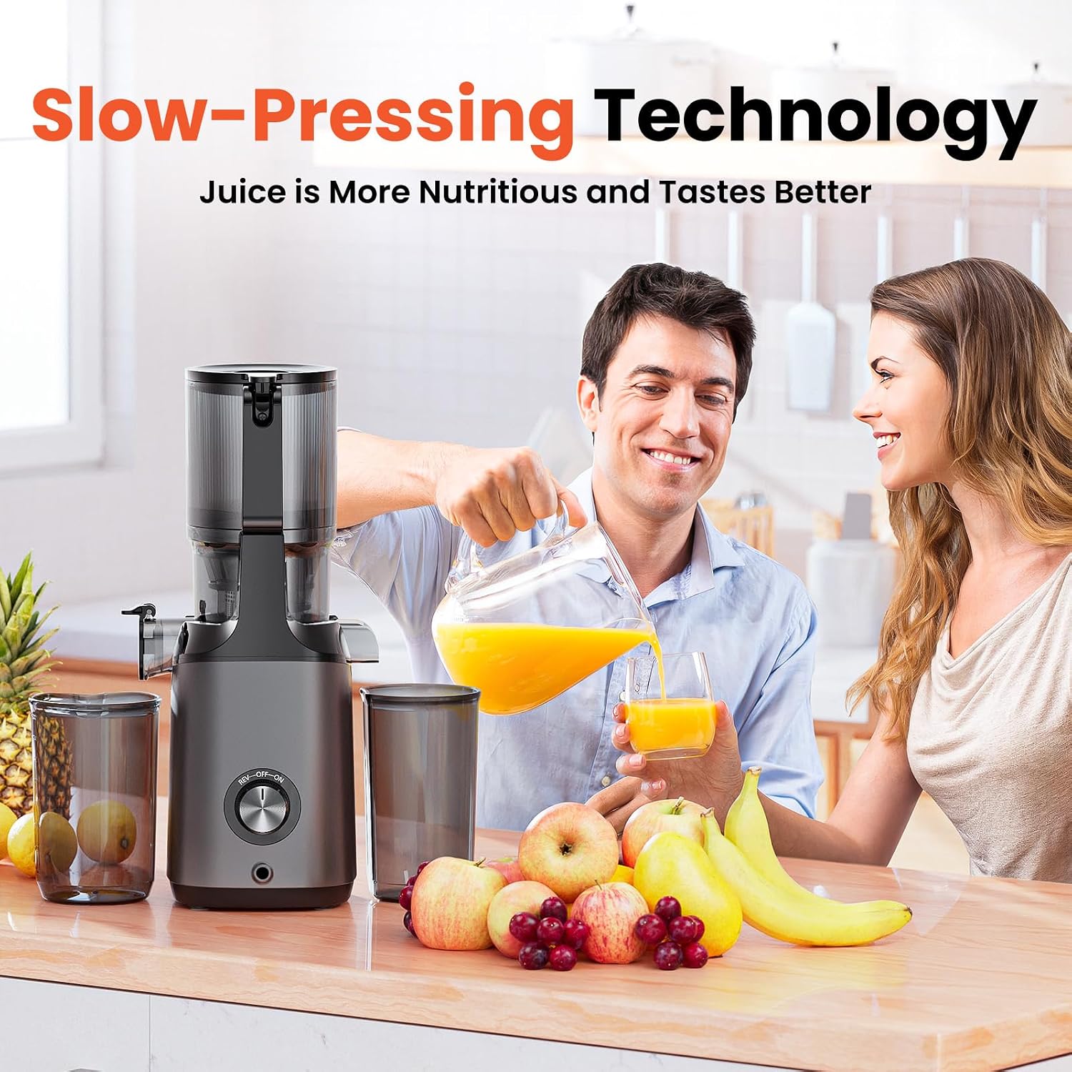 Cold Press Juicer, JoyBear Slow Masticating Machines with 5.3' Extra Large Feed Chute Fit Whole Fruits Vegetables Easy Clean Self Feeding Effortless for Batch Juicing, High Juice Yield, BPA Free 200W