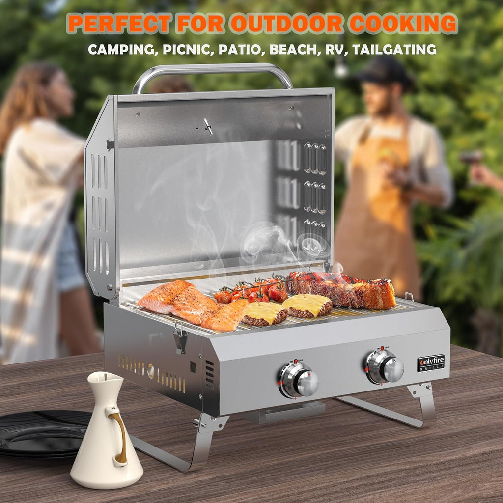 ONLYFIRE GRILLS Tabletop Gas Grill 2 Burners, 20' Portable Propane Grill with Foldable Legs for Outdoor Patio Backyard Camping Tailgating RV Trip Beach, Stainless Steel Gas Stove 16000BTU, GS322