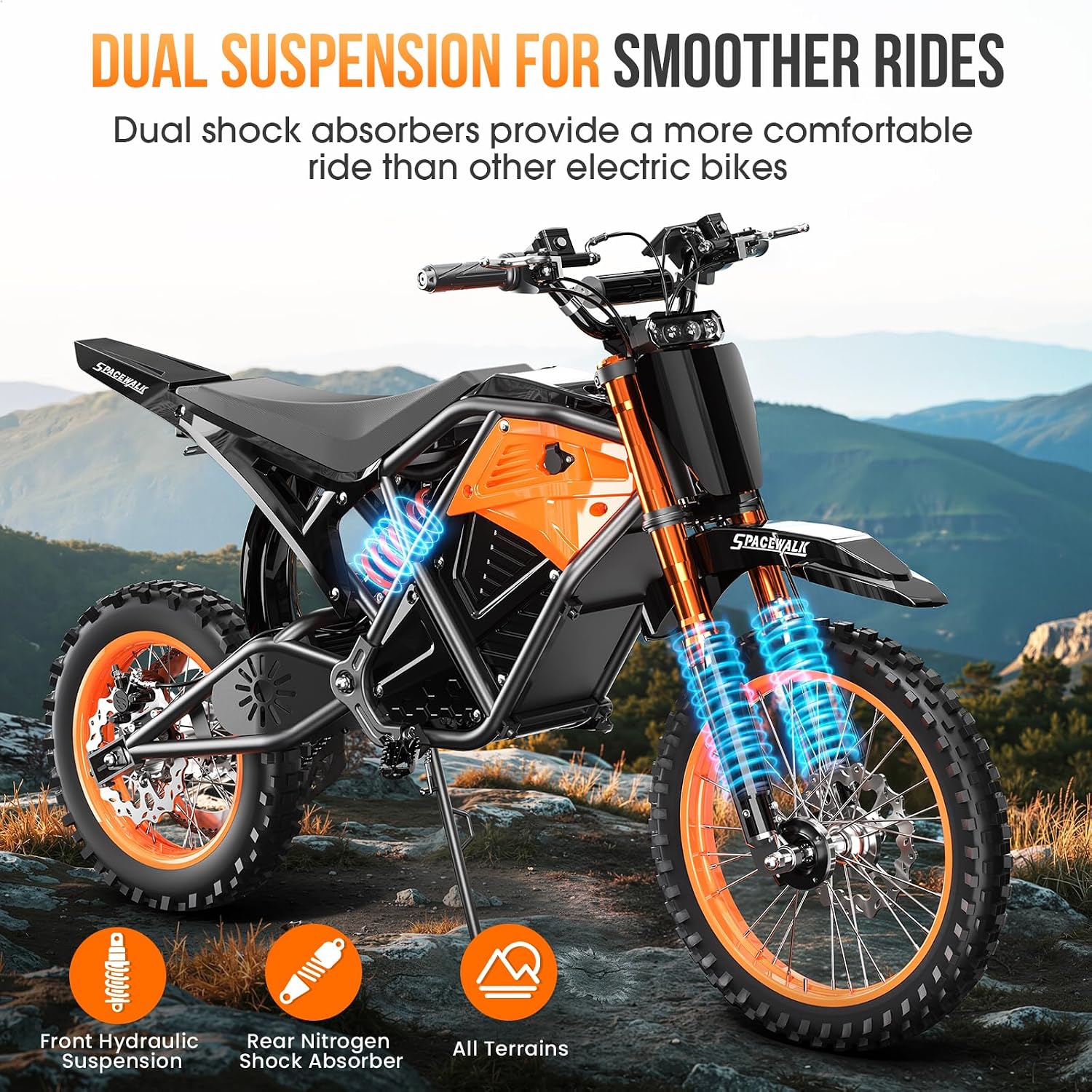Spacewalk Electric Bike M6 / M7 for Teens/Adults,16' / 20' Ebike,1500W Peak Motor,21.7mph / 27.9mph,48V 15Ah Removable Battery,4X Suspension,50 Miles Pure Electric,70 Miles PAS