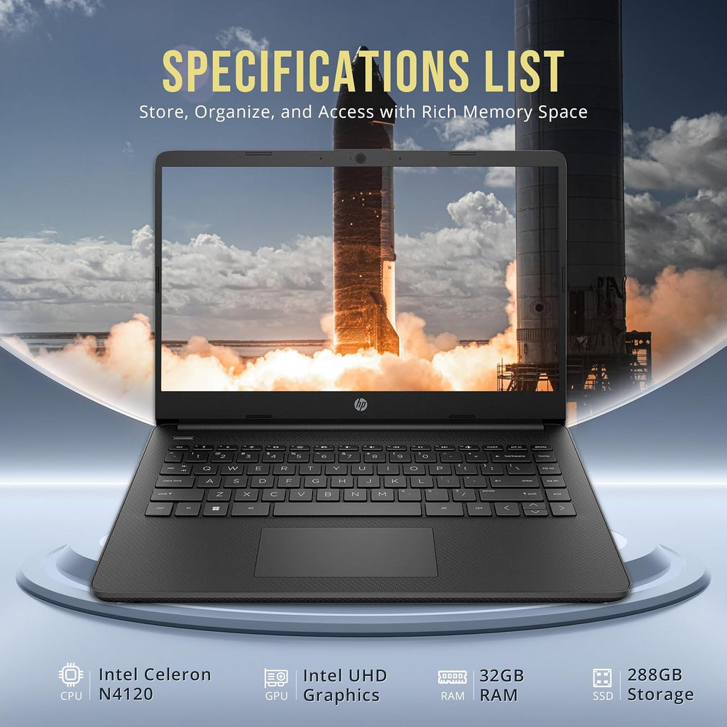 HP Stream 14' HD BrightView Laptop, Intel Celeron N4120, 32GB RAM, 288GB Storage (128GB eMMC + 160GB SSD Docking Station Set), Intel UHD Graphics, HD Webcam, Wi-Fi, 1 Year Office 365, Win 11 S, Black