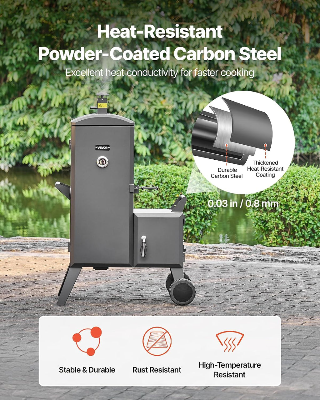 VEVOR Charcoal Offset Smoker, Heavy-Duty Steel BBQ Offset Smoker with Side Firebox, Movable Outdoor Barbecue Smokers with 6 Adjustable Grates, Thermometer & Air Vents for Backyard Patio Party Cooking