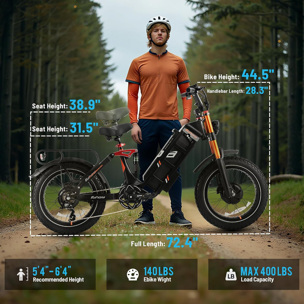 2026 eAhora Juliet Pro 2 EBike - Dual Motor 5400W/1200W 30-43MPH 60V 70Ah 200Mile Long Range Electric Bike for Adults, 20'' Fat Tire Fast Electric Mountain Bike Full Suspension Electric Bicycle