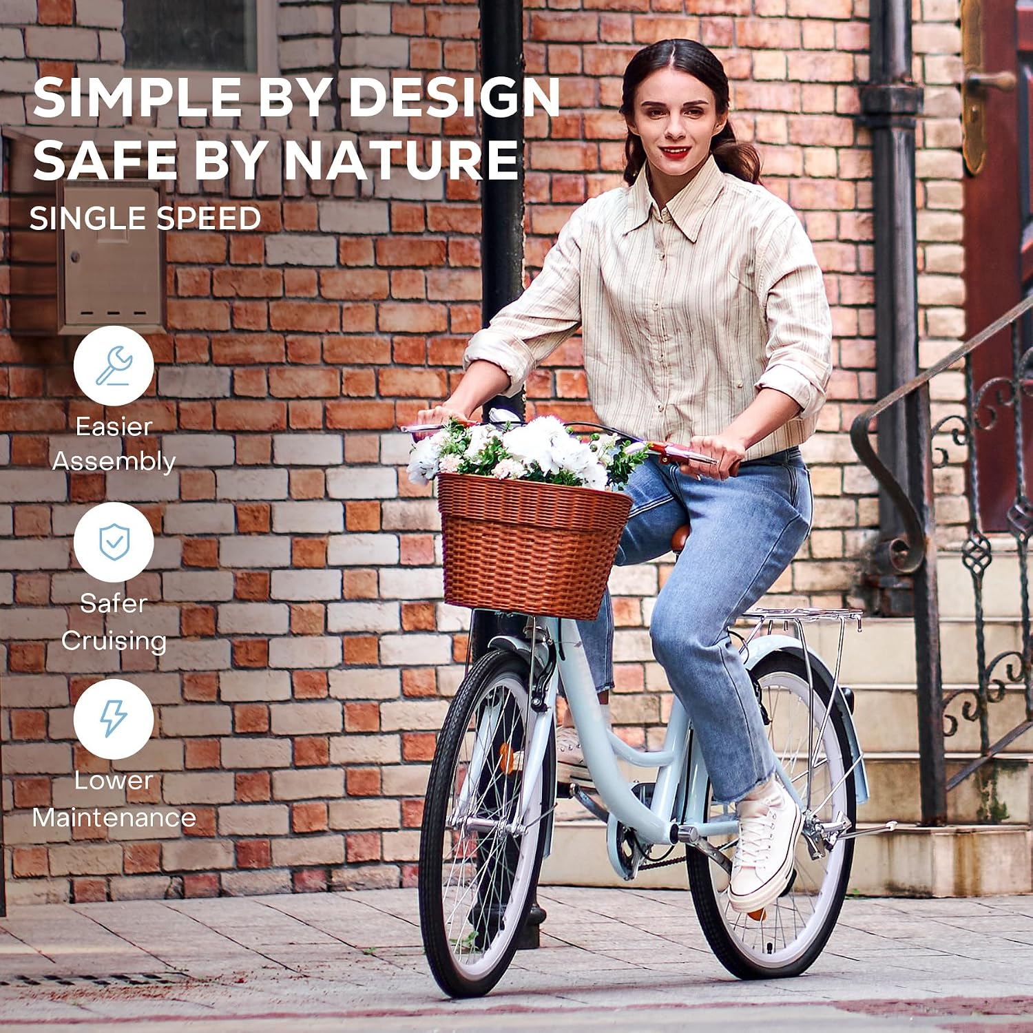 VIRIBUS Beach Cruiser Bike for Women, Single Speed Womens Bike with Basket & Rack 24 26 inch, Retro Step Through Cruiser Bicycle for Petite Short Women Female Ladies City Commuter, 330 lb.