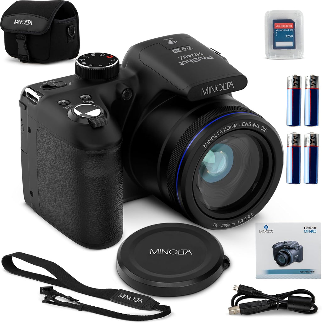 Minolta MN40Z 20MP Digital Camera – 40x Optical Zoom, 1080p FHD Video, 3.0' LCD, Wi-Fi, Face/Smile/Blink Detection – Black